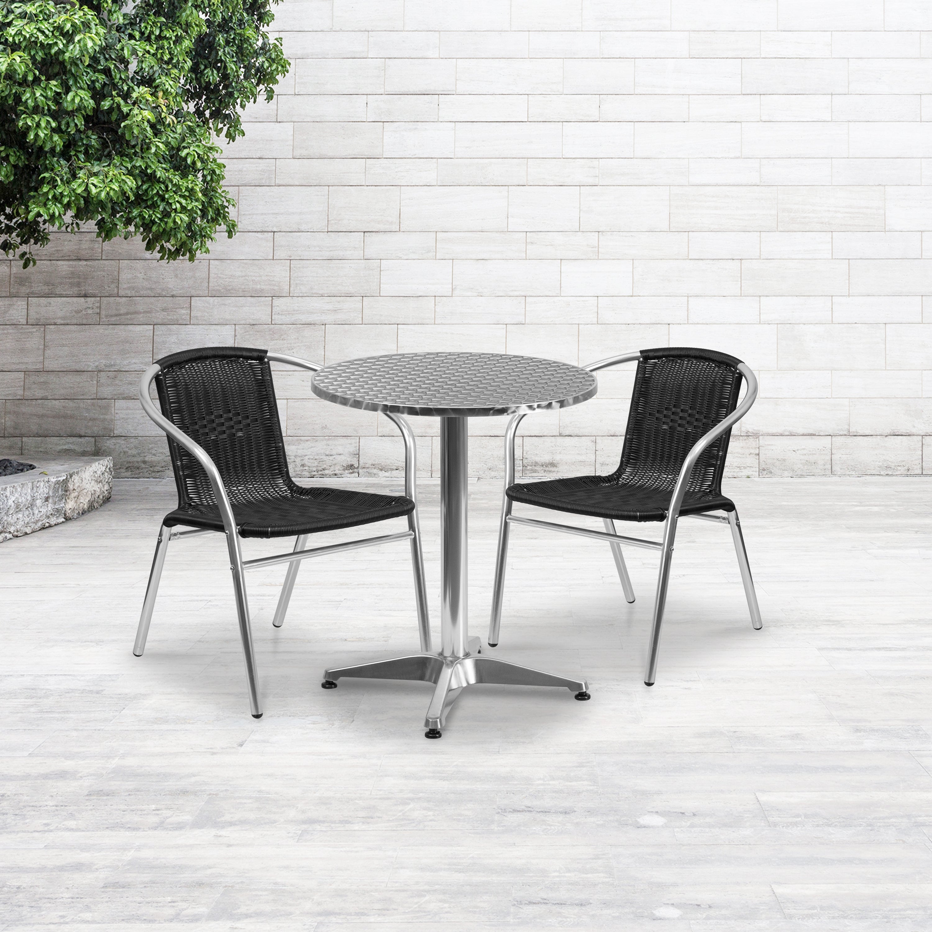 Lila 23.5'' Round Aluminum Indoor-Outdoor Table Set with 2 Black Rattan Chairs