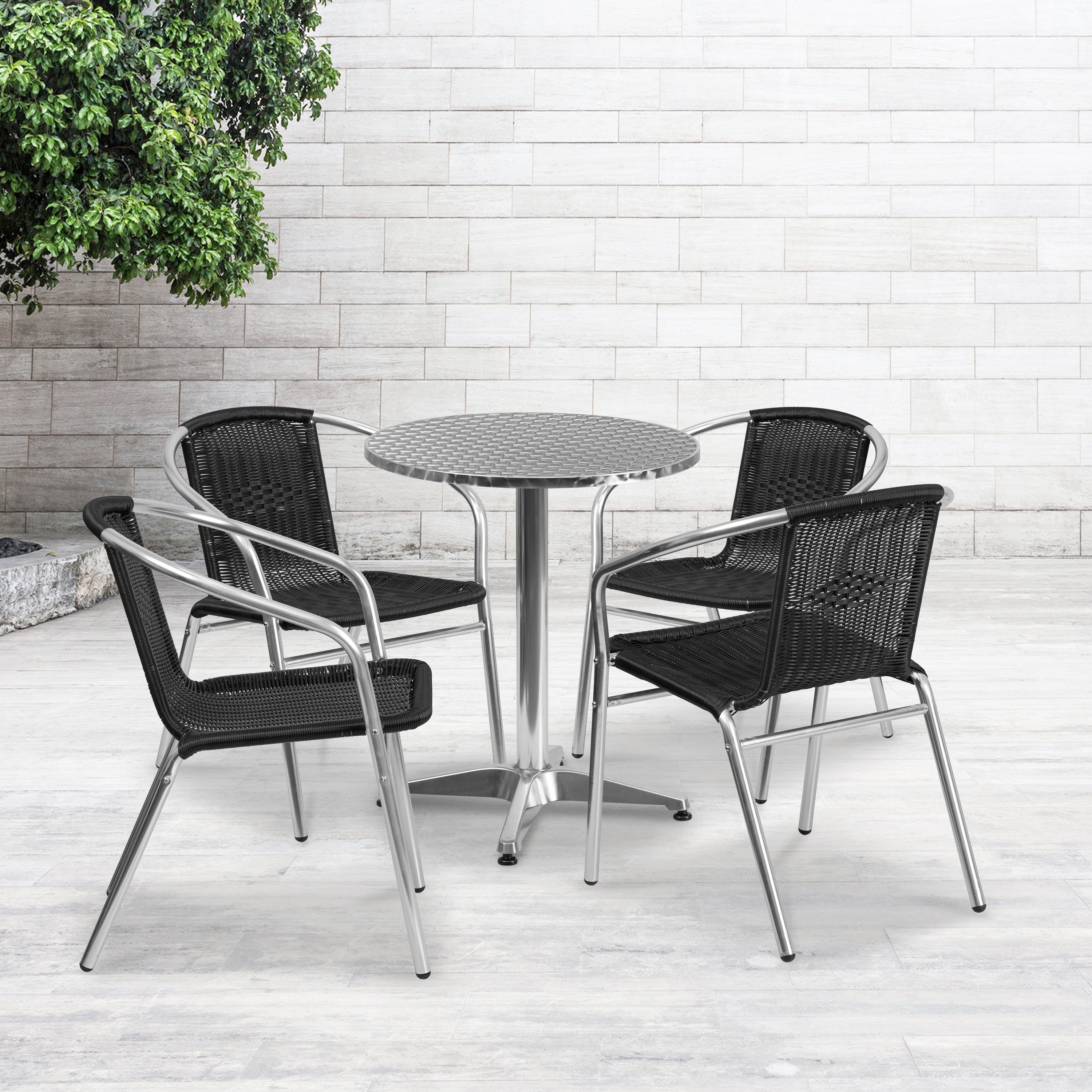 Lila 23.5'' Round Aluminum Indoor-Outdoor Table Set with 4 Black Rattan Chairs