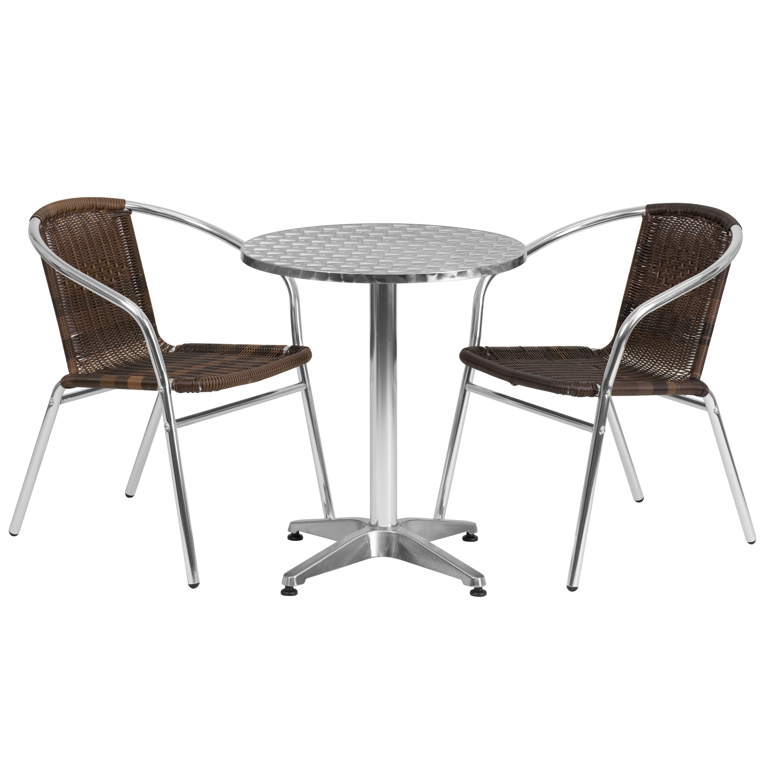 Lila 23.5'' Round Aluminum Indoor-Outdoor Table Set with 2 Dark Brown Rattan Chairs