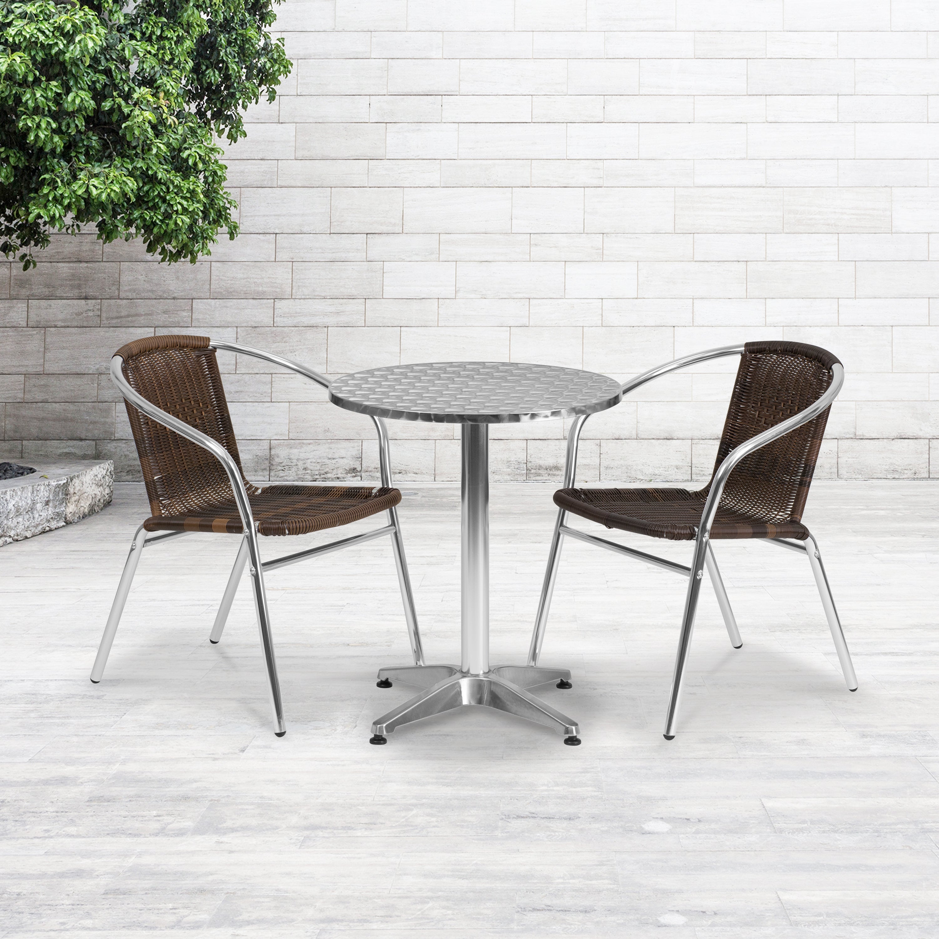 Lila 23.5'' Round Aluminum Indoor-Outdoor Table Set with 2 Dark Brown Rattan Chairs