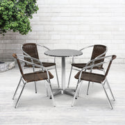 Lila 23.5'' Round Aluminum Indoor-Outdoor Table Set with 4 Dark Brown Rattan Chairs