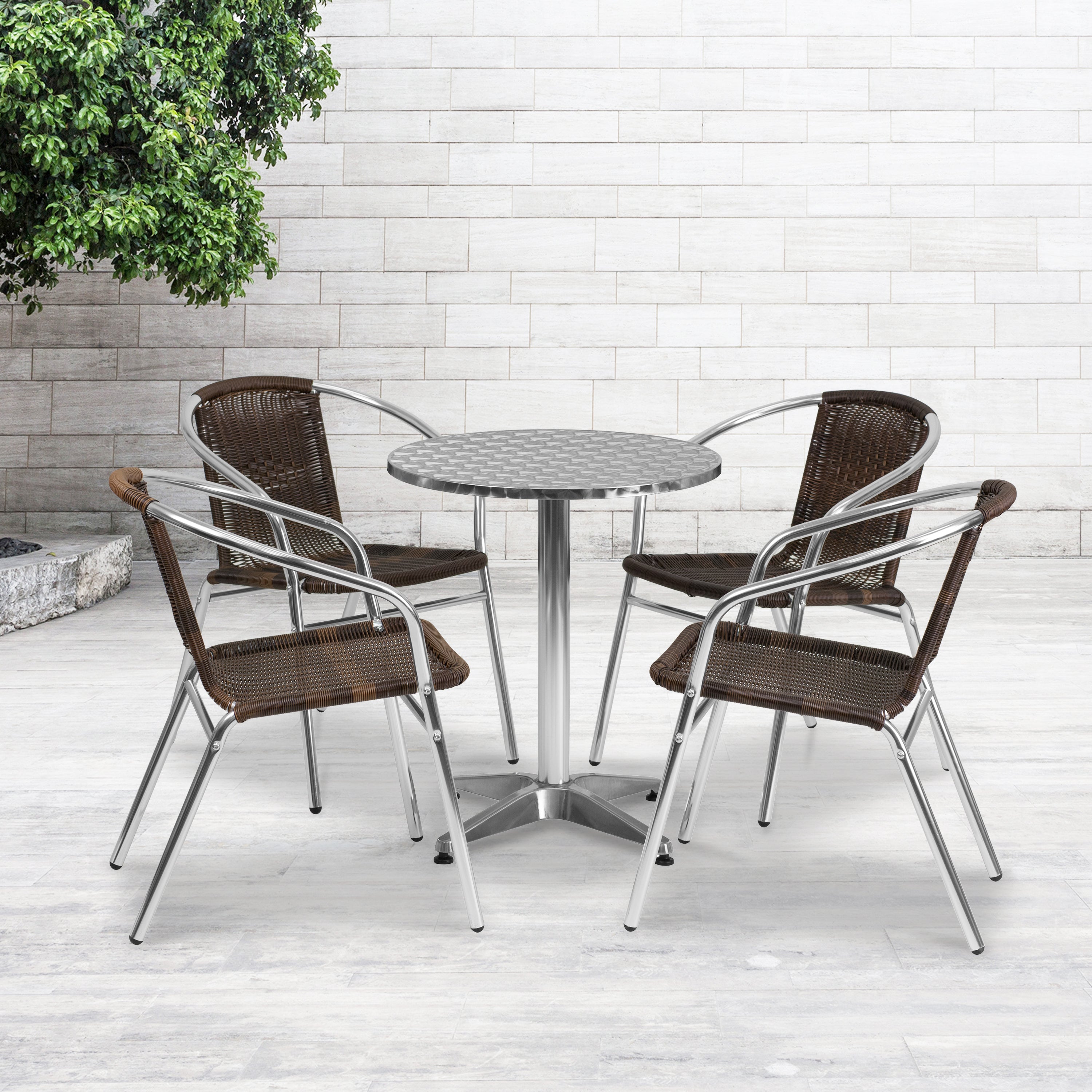 Lila 23.5'' Round Aluminum Indoor-Outdoor Table Set with 4 Dark Brown Rattan Chairs
