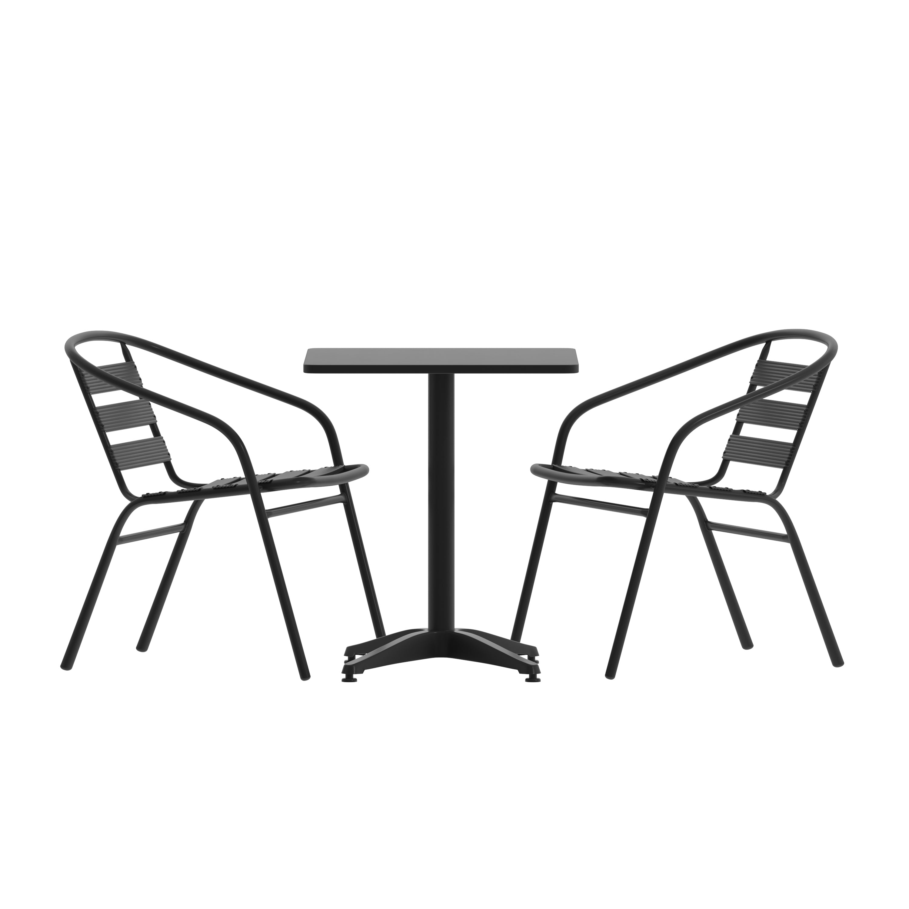 Lila 23.5'' Black Square Aluminum Indoor-Outdoor Table Set with 2 Black Slat Back Chairs