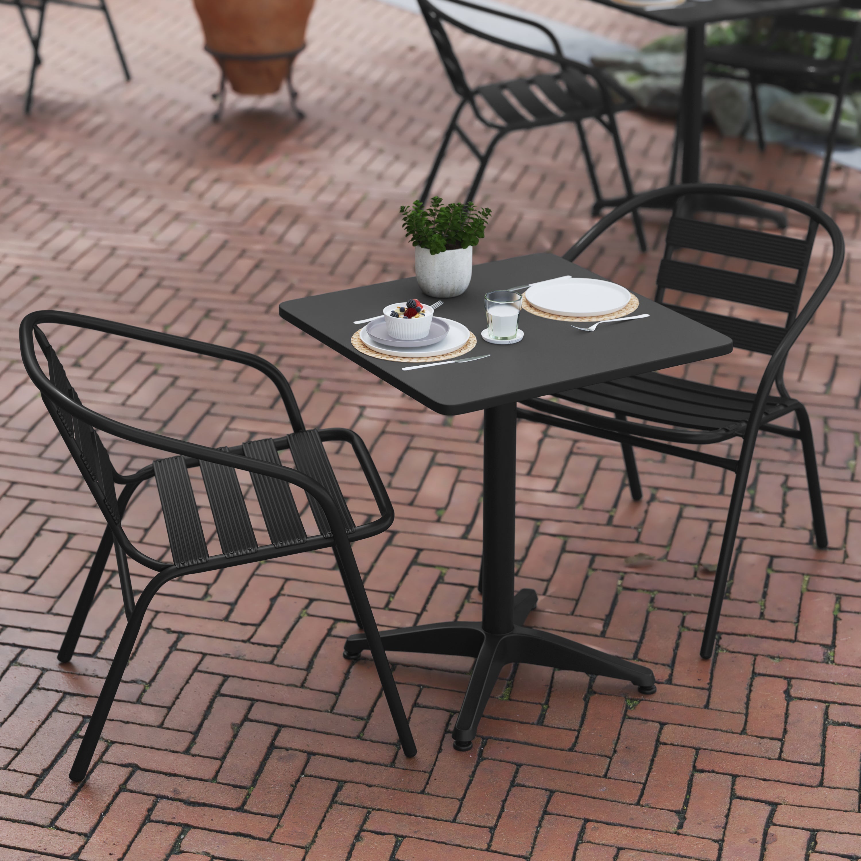 Lila 23.5'' Black Square Aluminum Indoor-Outdoor Table Set with 2 Black Slat Back Chairs