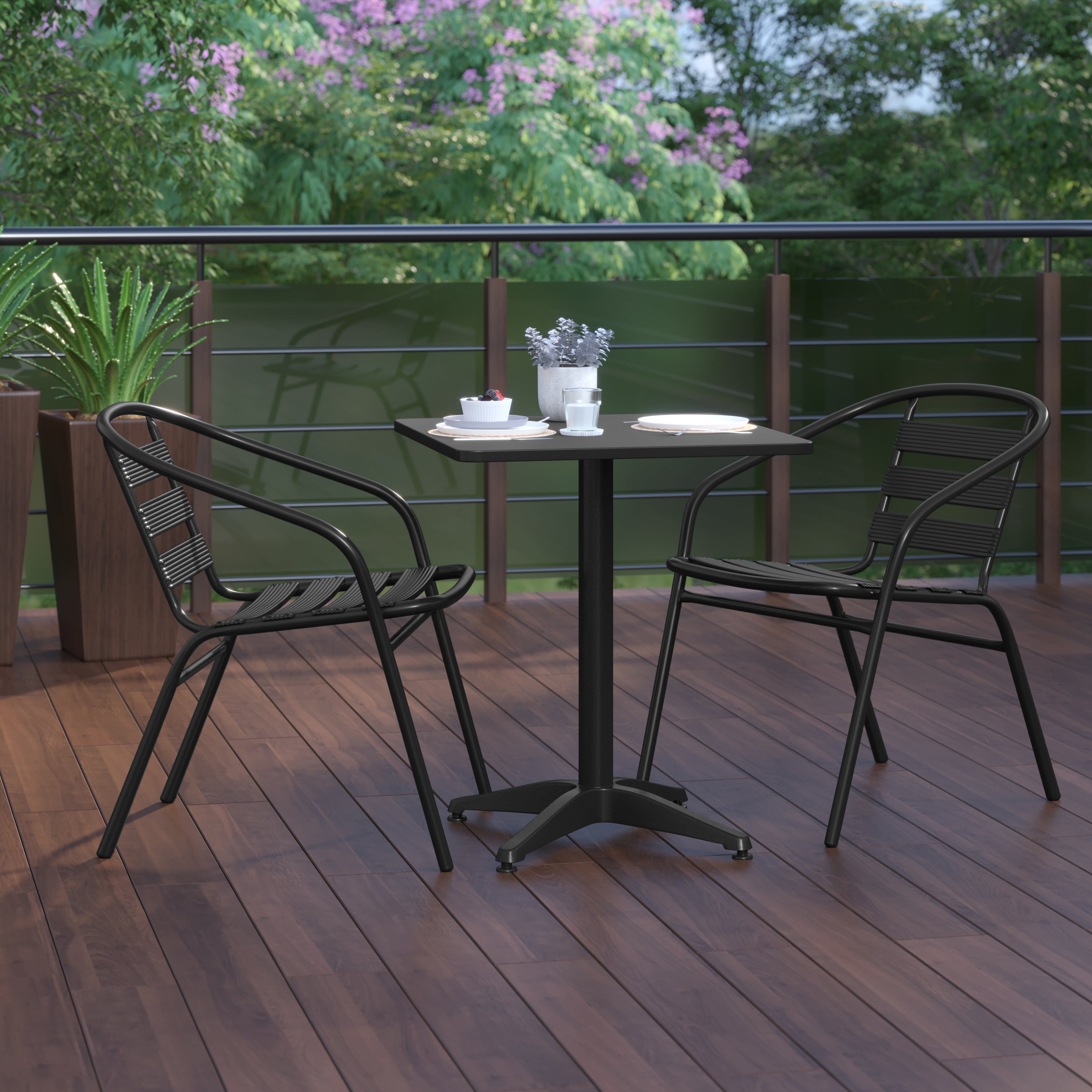 Lila 23.5'' Black Square Aluminum Indoor-Outdoor Table Set with 2 Black Slat Back Chairs