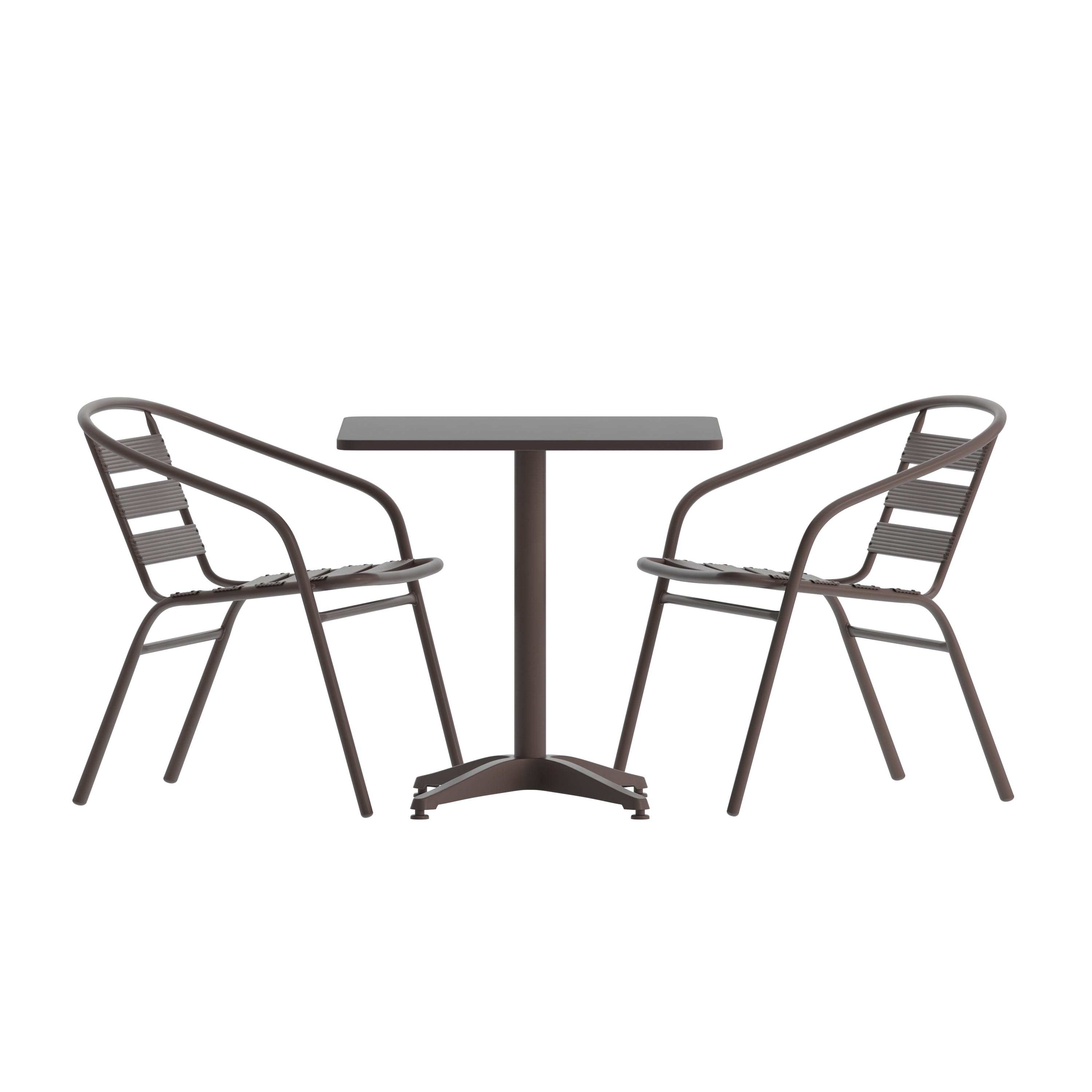 Lila 23.5'' Bronze Square Aluminum Indoor-Outdoor Table Set with 2 Bronze Slat Back Chairs