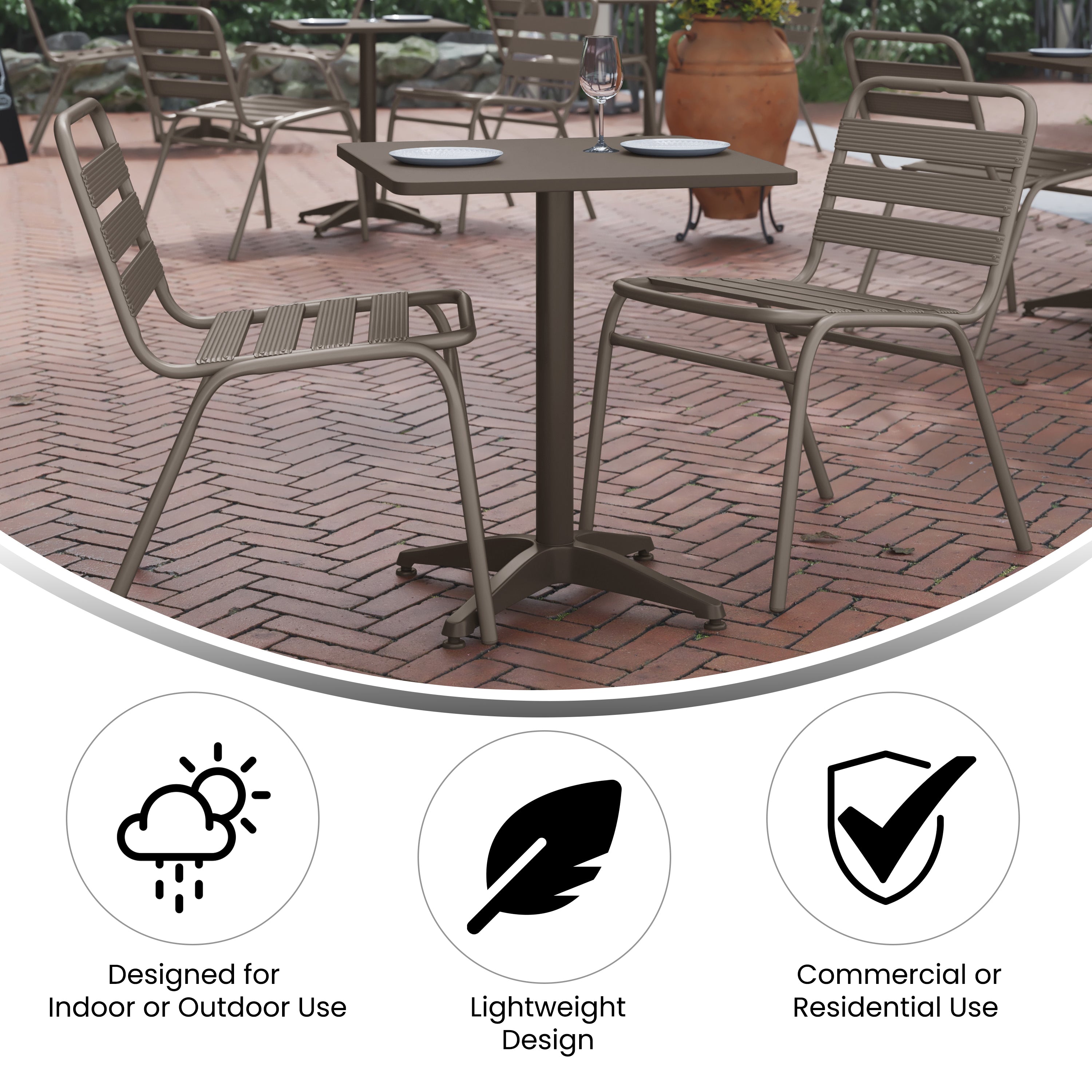 Lila 23.5'' Bronze Square Aluminum Indoor-Outdoor Table Set with 2 Bronze Slat Back Chairs