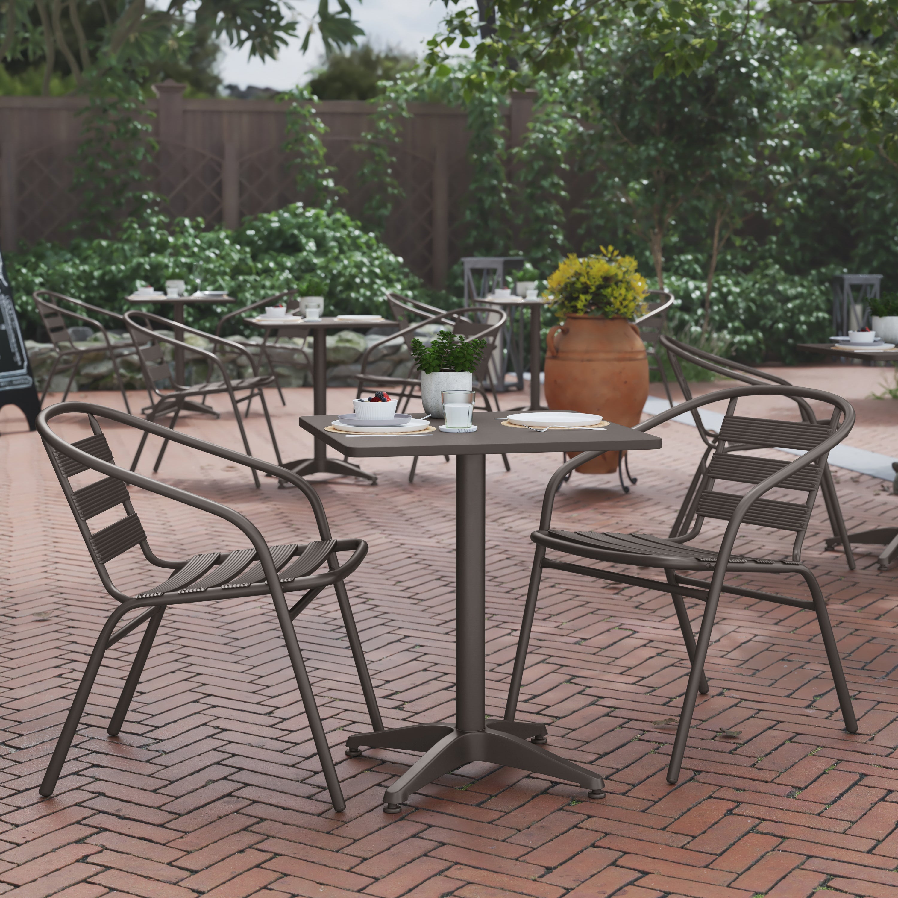 Lila 23.5'' Bronze Square Aluminum Indoor-Outdoor Table Set with 2 Bronze Slat Back Chairs