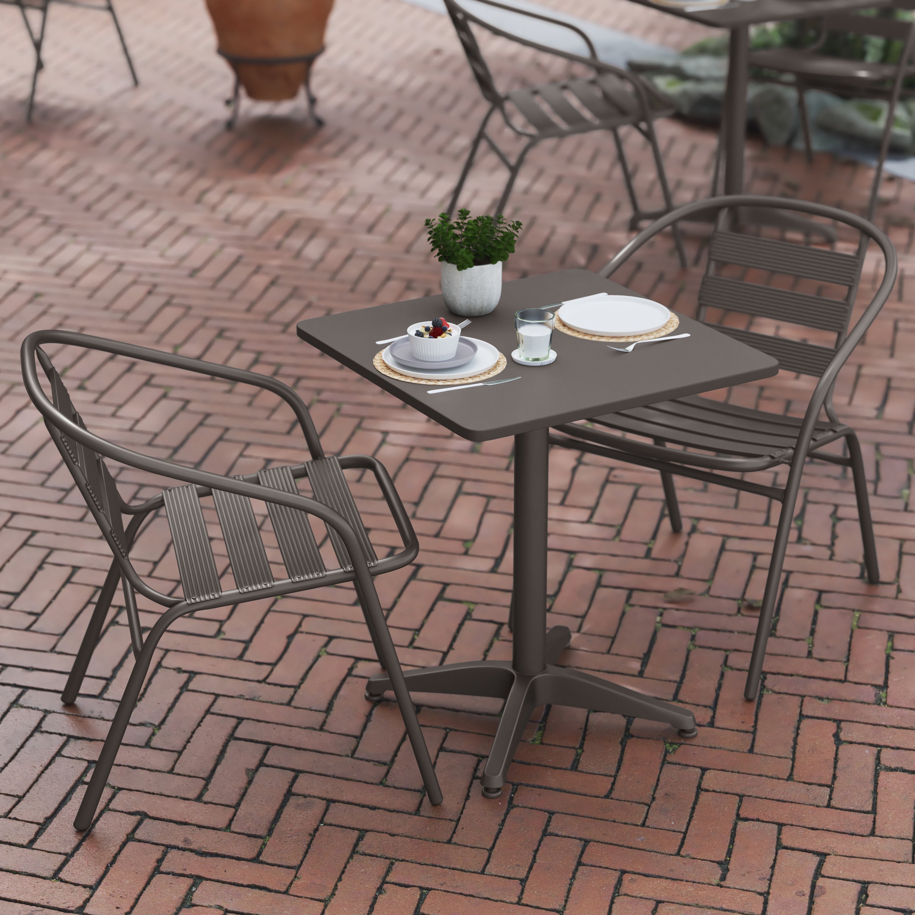 Lila 23.5'' Bronze Square Aluminum Indoor-Outdoor Table Set with 2 Bronze Slat Back Chairs