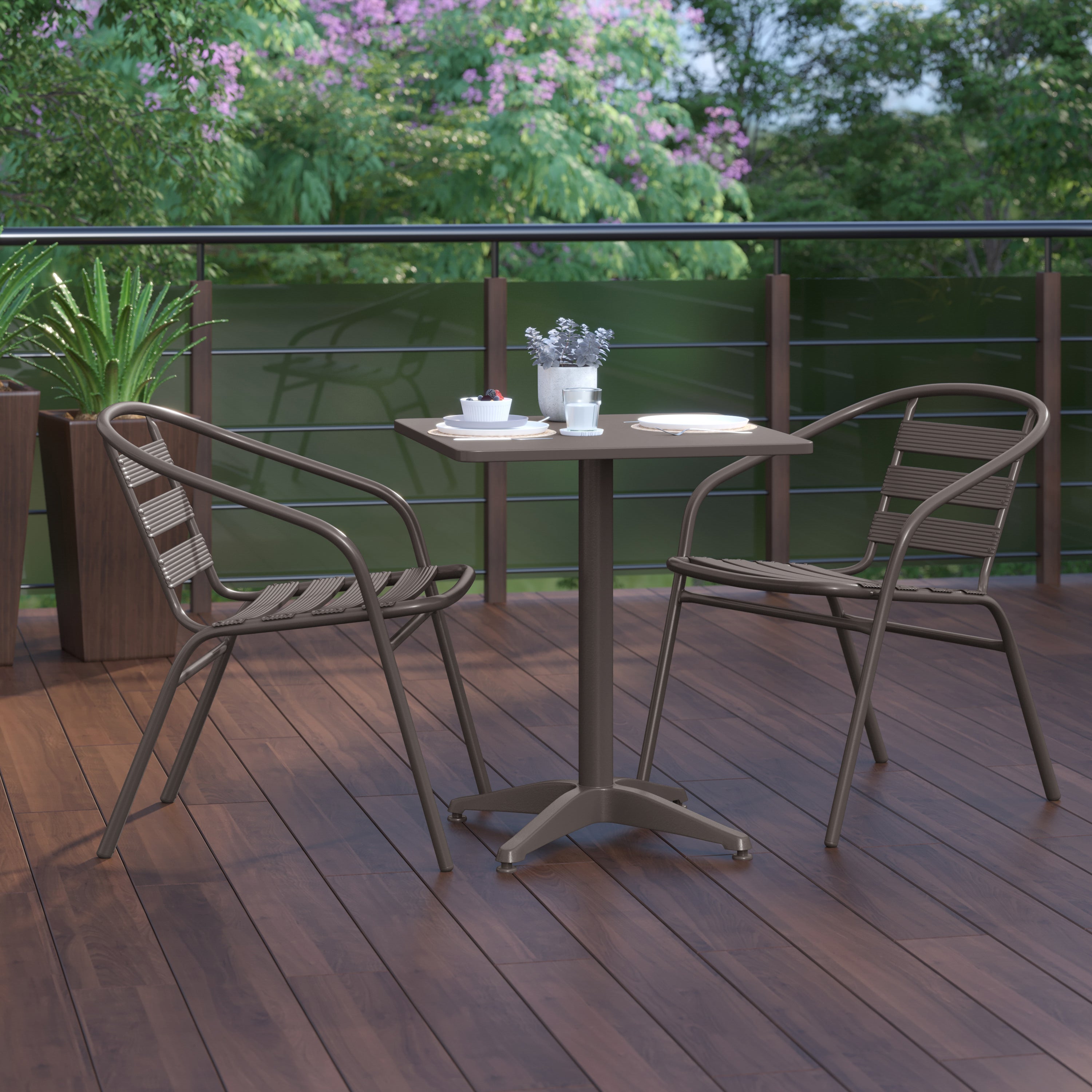 Lila 23.5'' Bronze Square Aluminum Indoor-Outdoor Table Set with 2 Bronze Slat Back Chairs