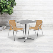 Lila 23.5'' Square Aluminum Indoor-Outdoor Table Set with 2 Beige Rattan Chairs