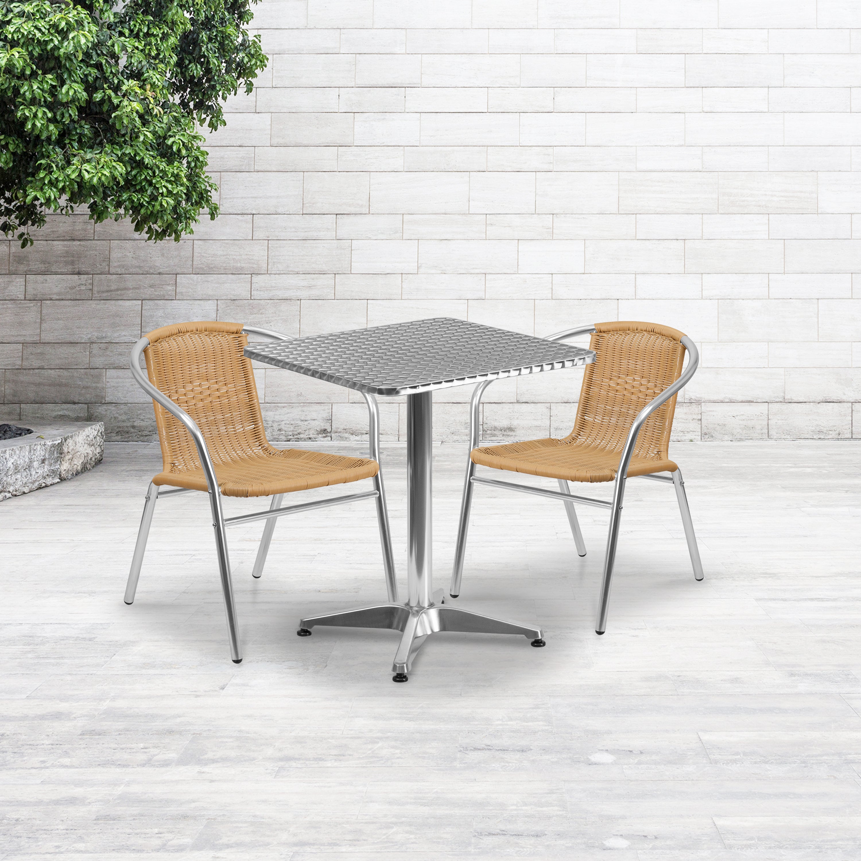 Lila 23.5'' Square Aluminum Indoor-Outdoor Table Set with 2 Beige Rattan Chairs