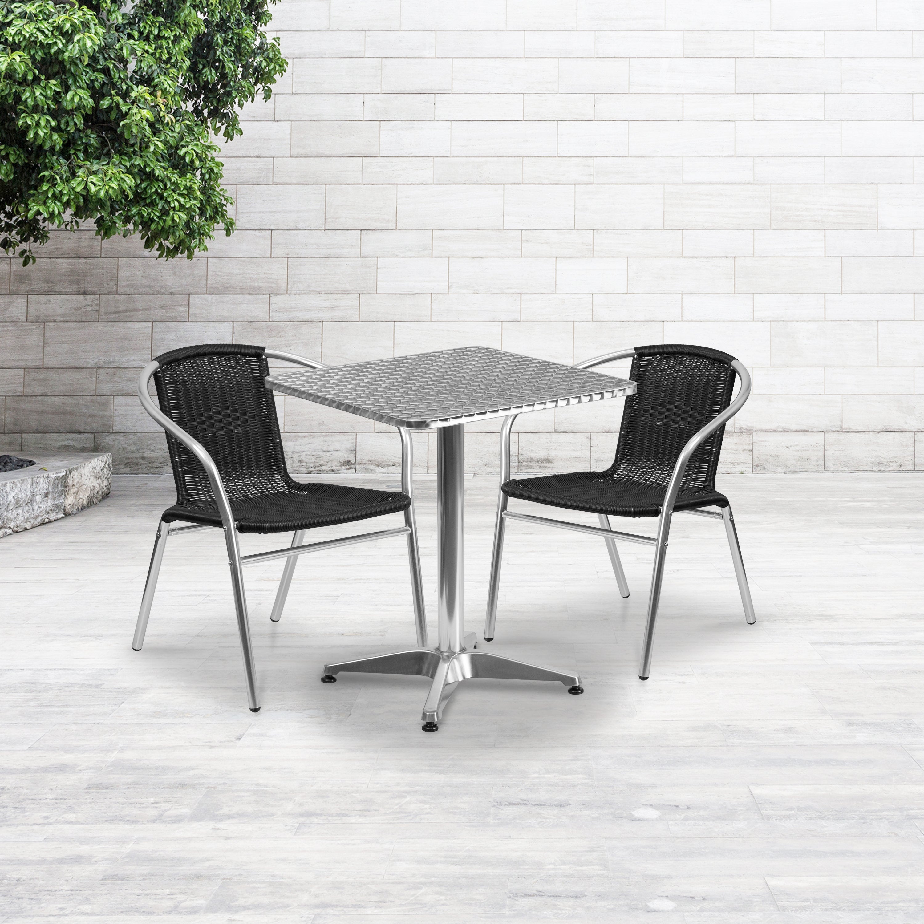 Lila 23.5'' Square Aluminum Indoor-Outdoor Table Set with 2 Black Rattan Chairs