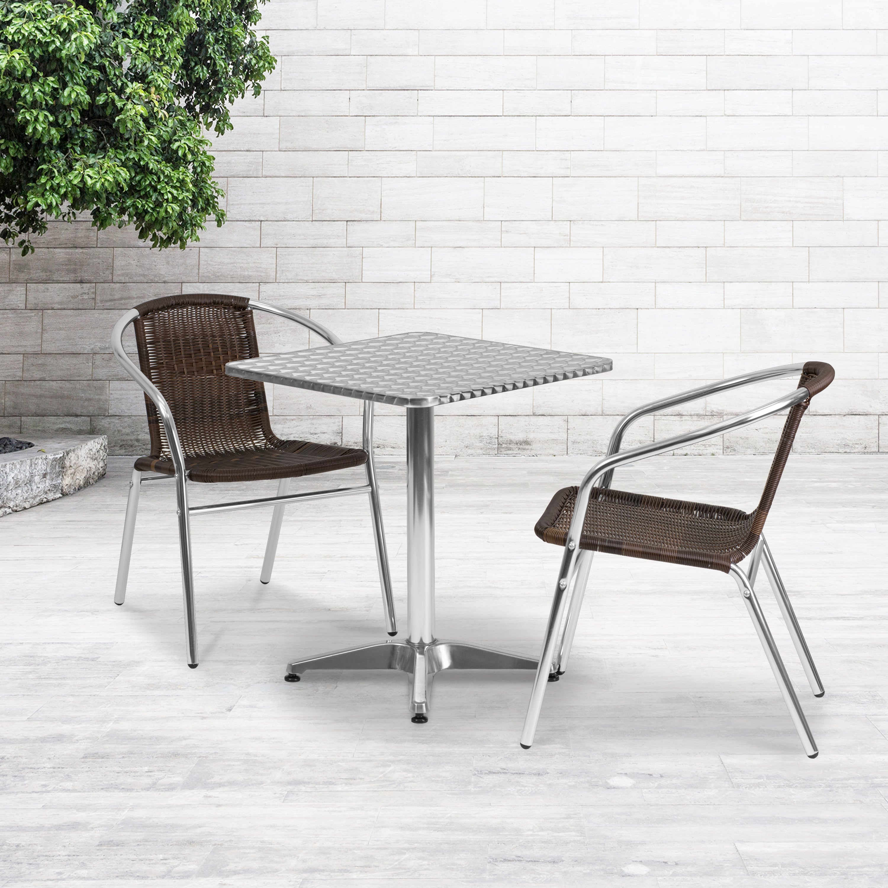 Lila 23.5'' Square Aluminum Indoor-Outdoor Table Set with 2 Dark Brown Rattan Chairs
