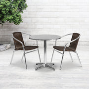 Lila 27.5'' Round Aluminum Indoor-Outdoor Table Set with 2 Dark Brown Rattan Chairs