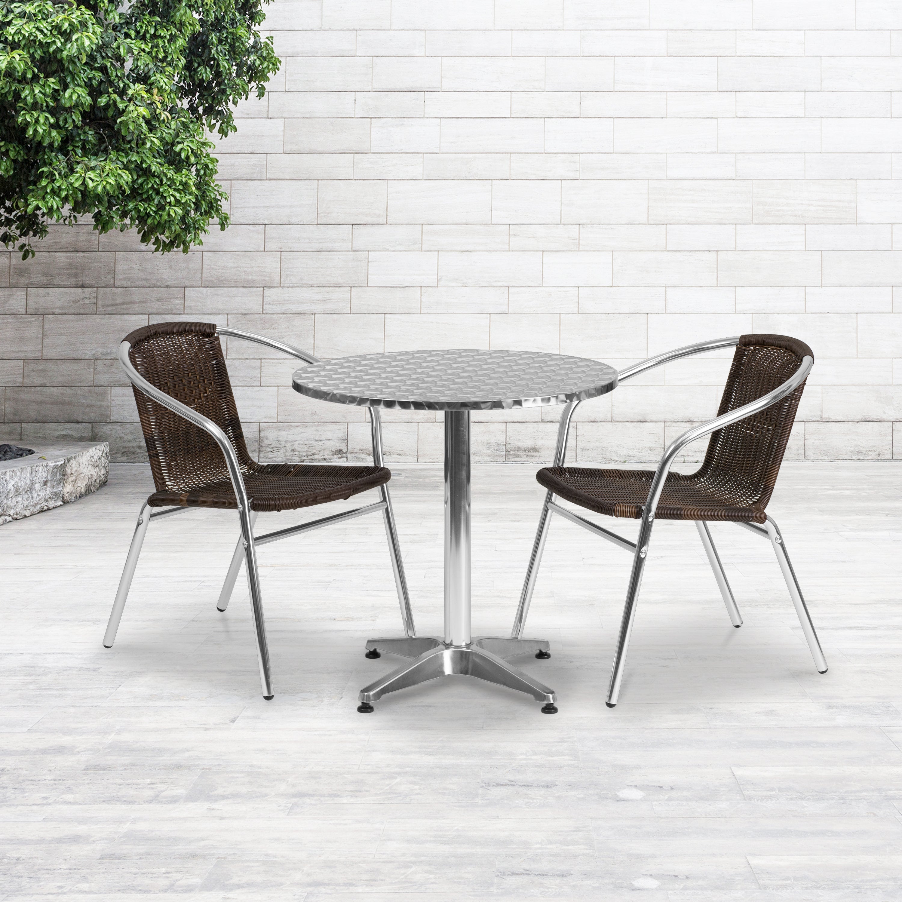 Lila 27.5'' Round Aluminum Indoor-Outdoor Table Set with 2 Dark Brown Rattan Chairs