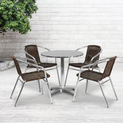 Lila 27.5'' Round Aluminum Indoor-Outdoor Table Set with 4 Dark Brown Rattan Chairs