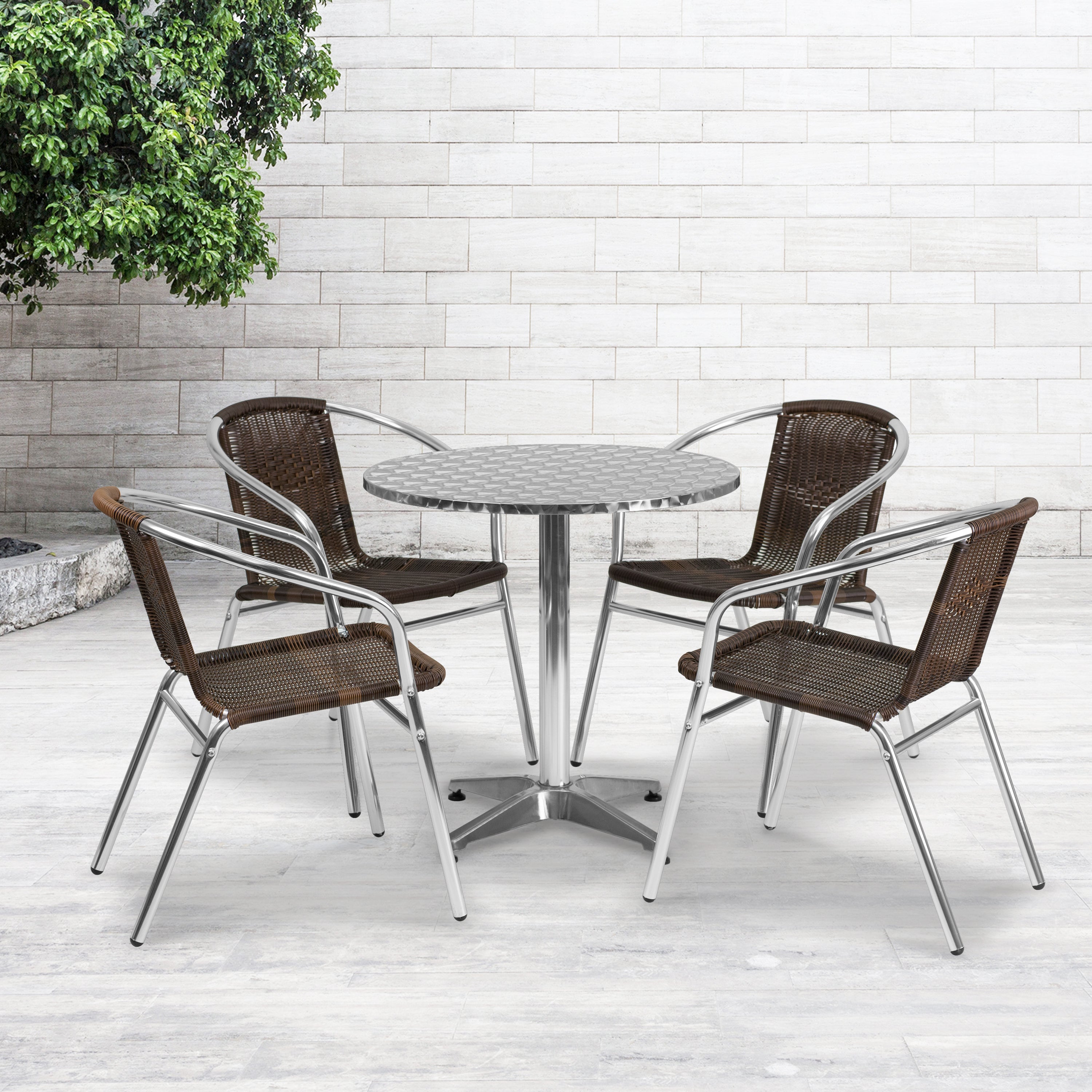 Lila 27.5'' Round Aluminum Indoor-Outdoor Table Set with 4 Dark Brown Rattan Chairs