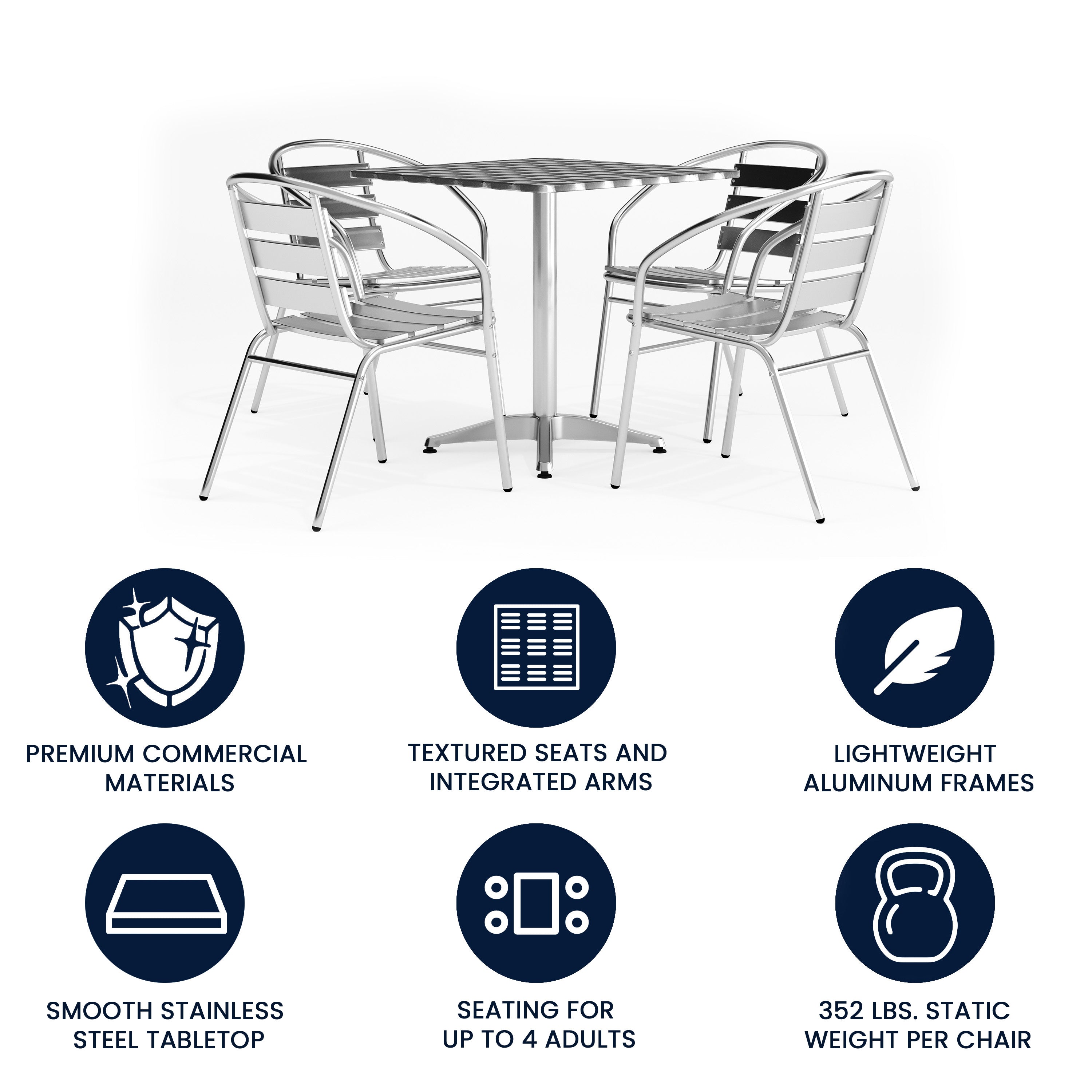 Lila 27.5'' Square Aluminum Indoor-Outdoor Table Set with 4 Slat Back Chairs