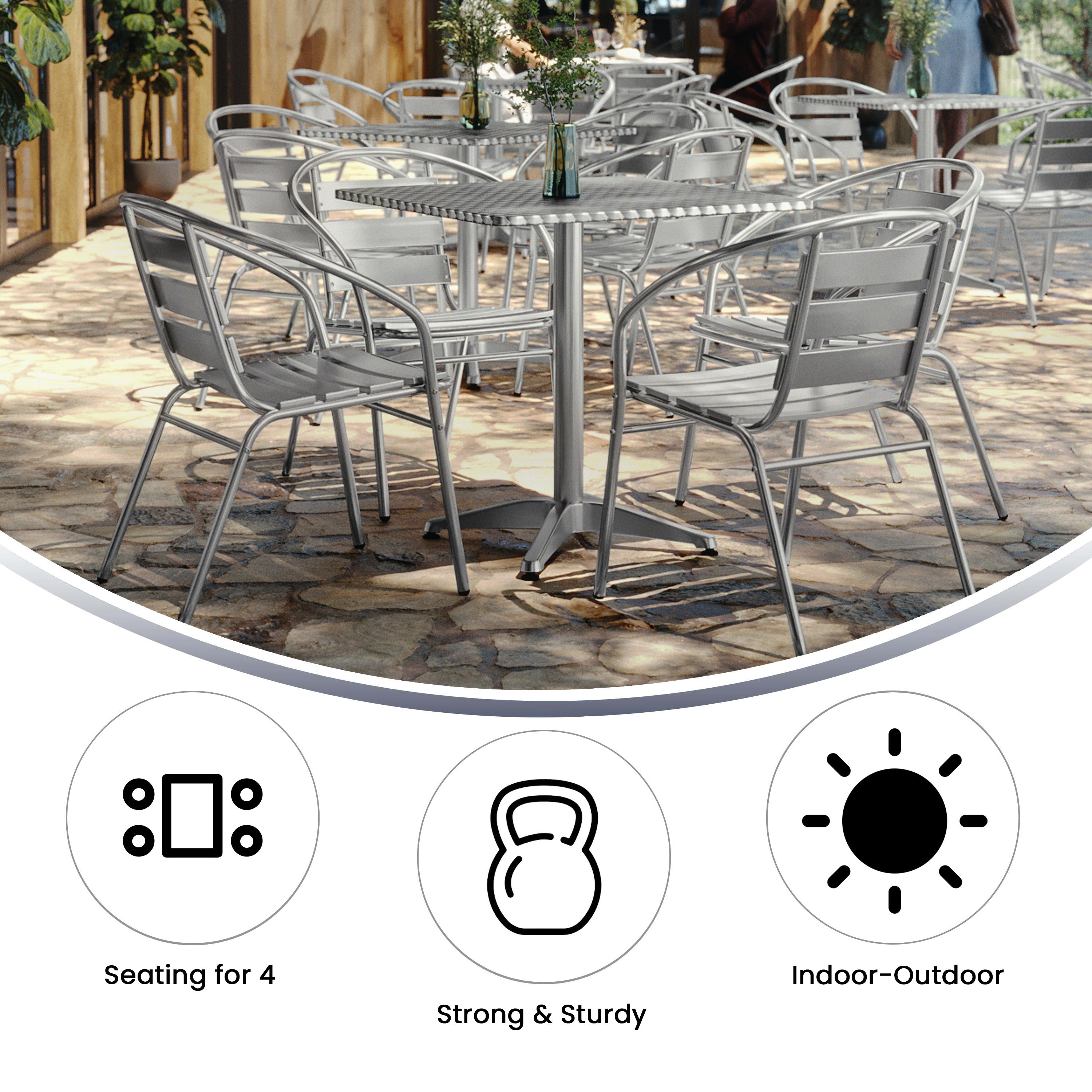 Lila 27.5'' Square Aluminum Indoor-Outdoor Table Set with 4 Slat Back Chairs