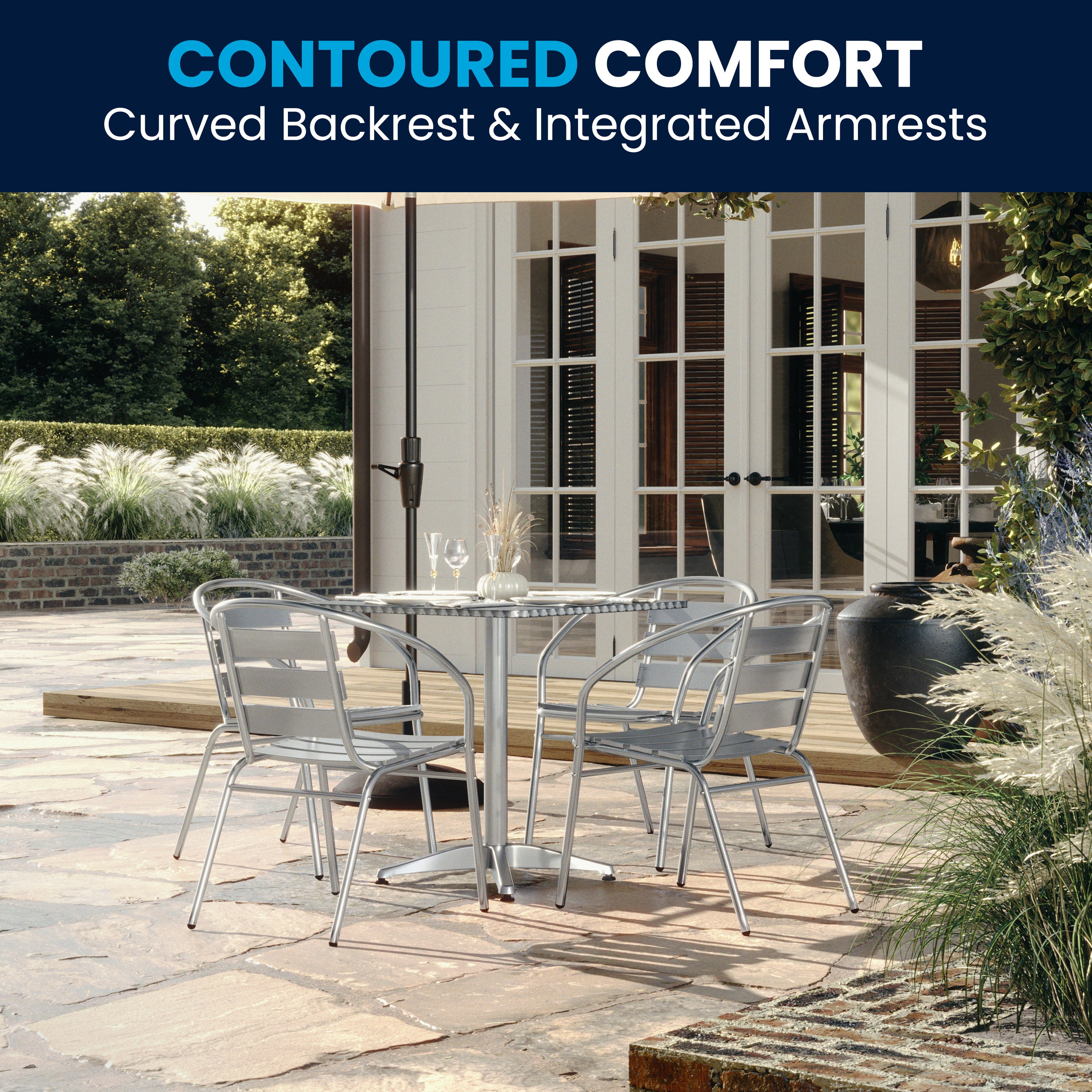 Lila 27.5'' Square Aluminum Indoor-Outdoor Table Set with 4 Slat Back Chairs