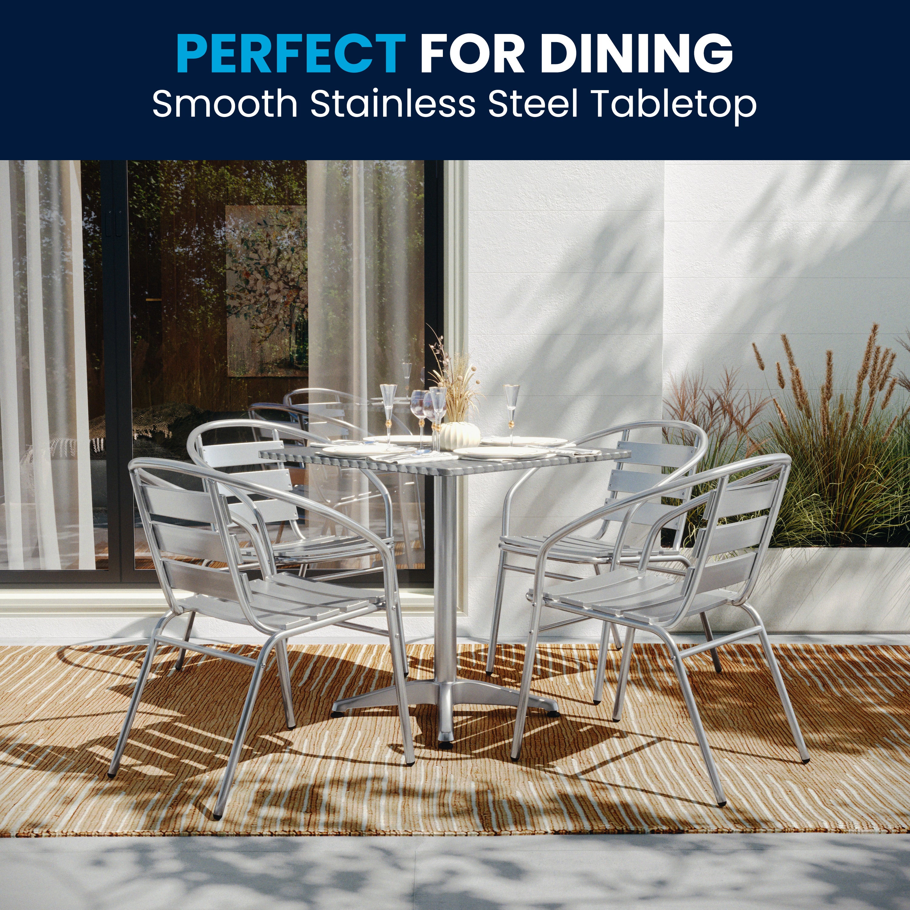 Lila 27.5'' Square Aluminum Indoor-Outdoor Table Set with 4 Slat Back Chairs