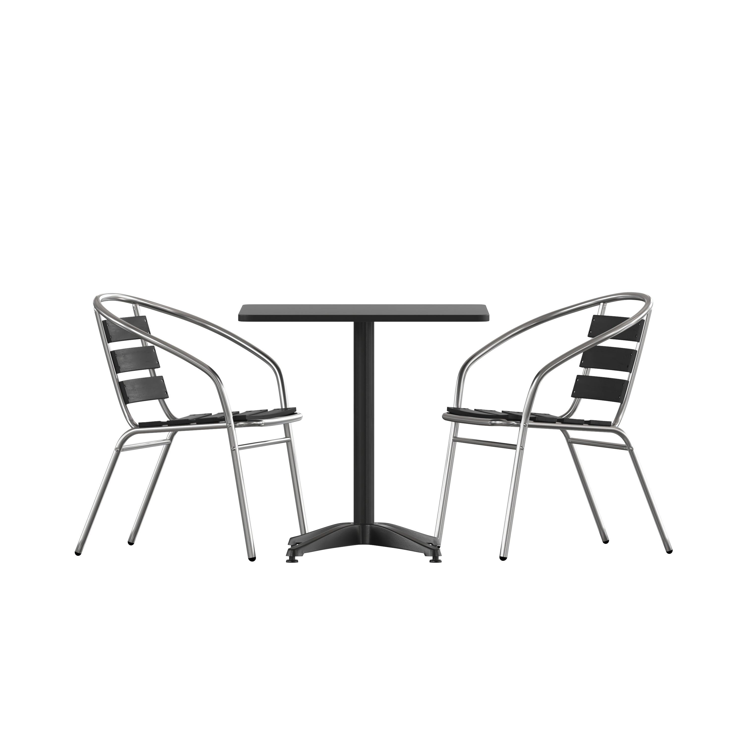 Lila 27.5'' Black Square Aluminum Indoor-Outdoor Table Set with 2 Black Slat Back Chairs