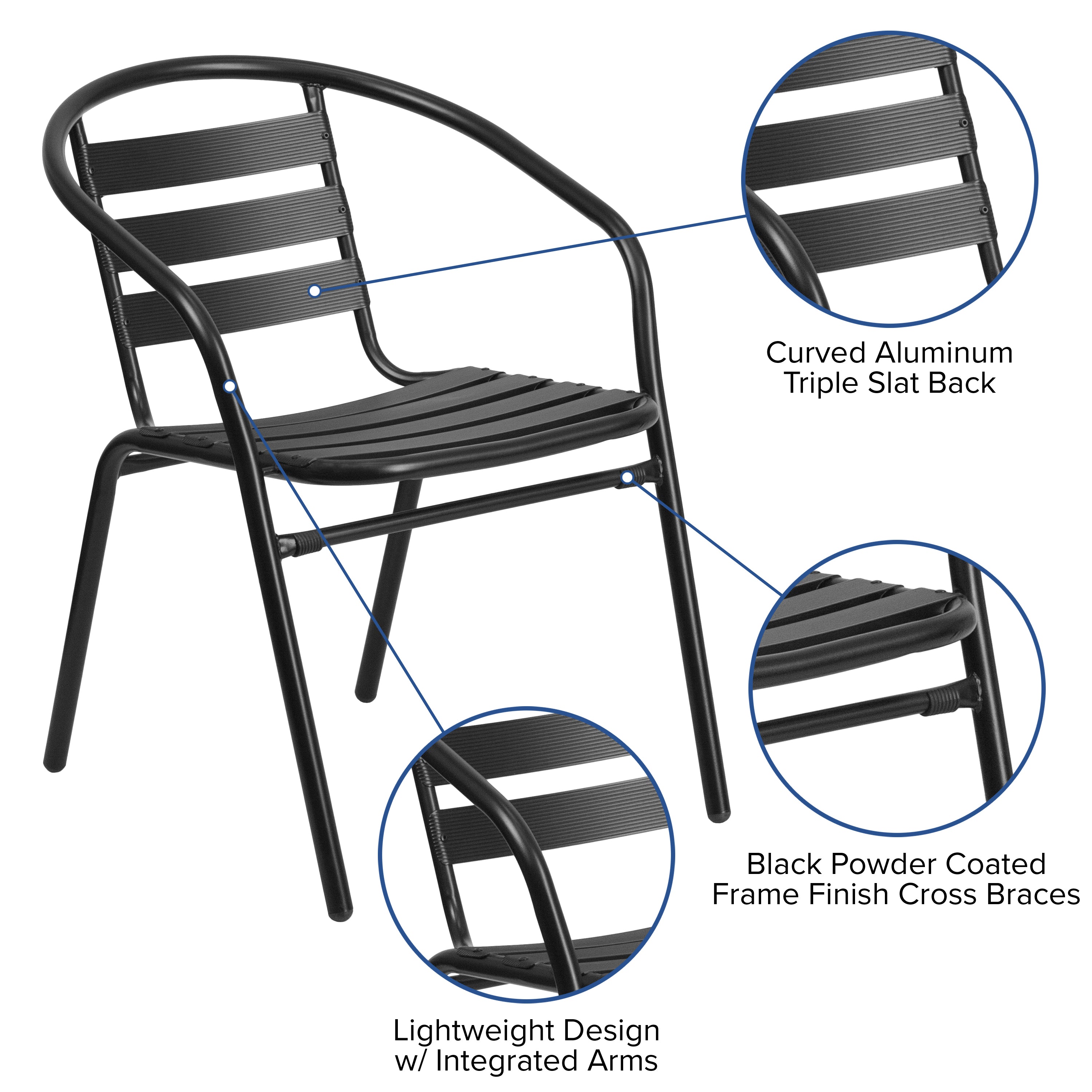 Lila 27.5'' Black Square Aluminum Indoor-Outdoor Table Set with 2 Black Slat Back Chairs