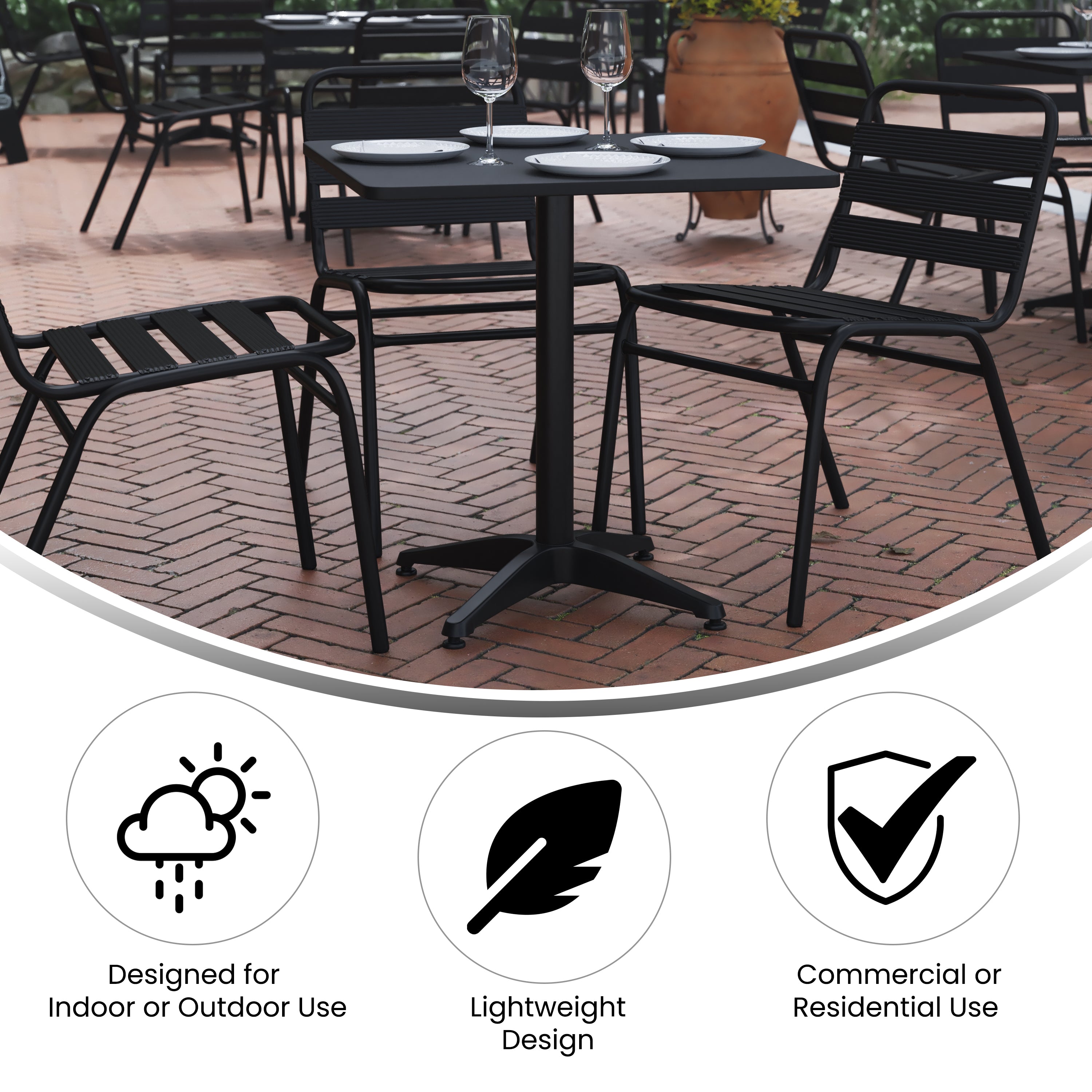 Lila 27.5'' Black Square Aluminum Indoor-Outdoor Table Set with 2 Black Slat Back Chairs