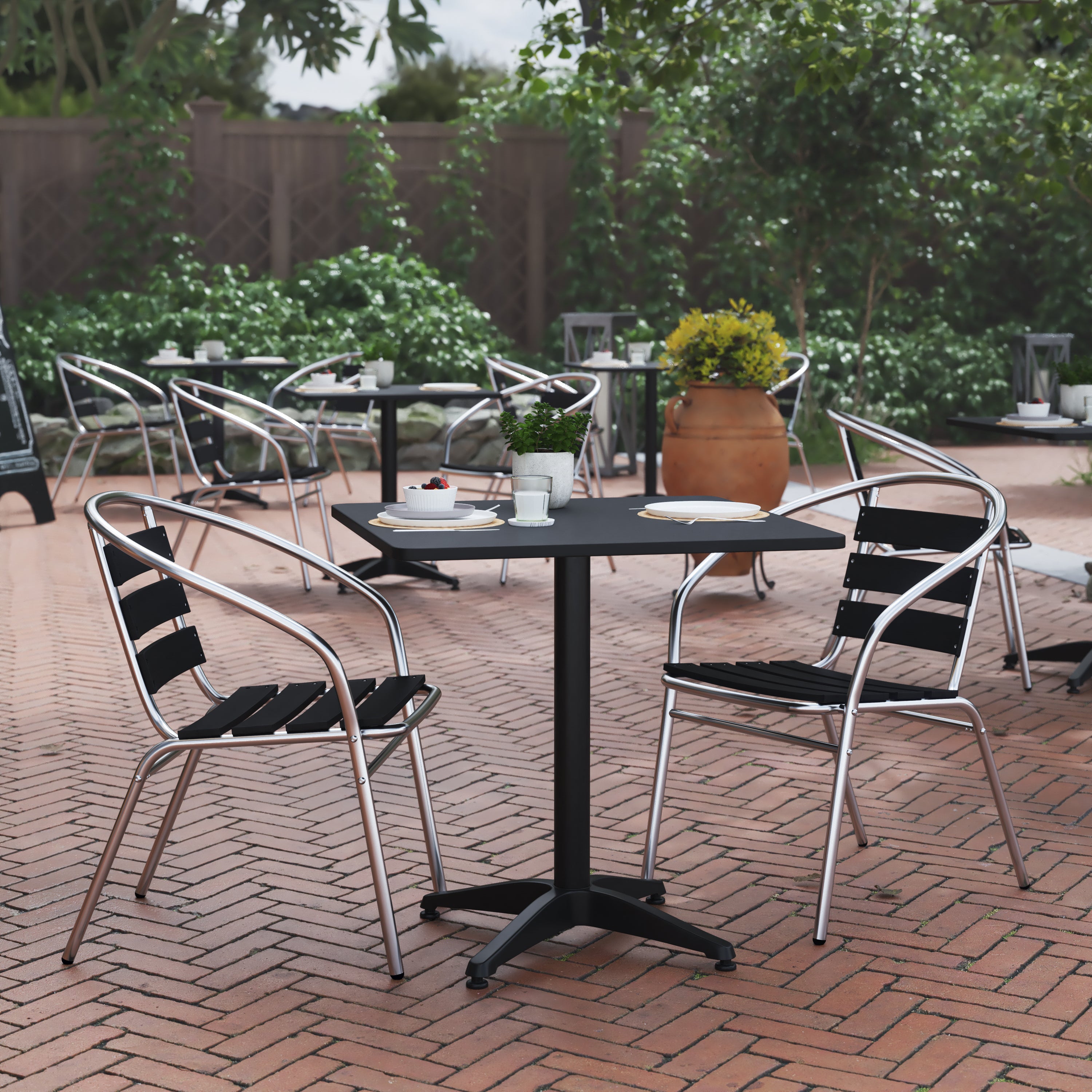 Lila 27.5'' Black Square Aluminum Indoor-Outdoor Table Set with 2 Black Slat Back Chairs