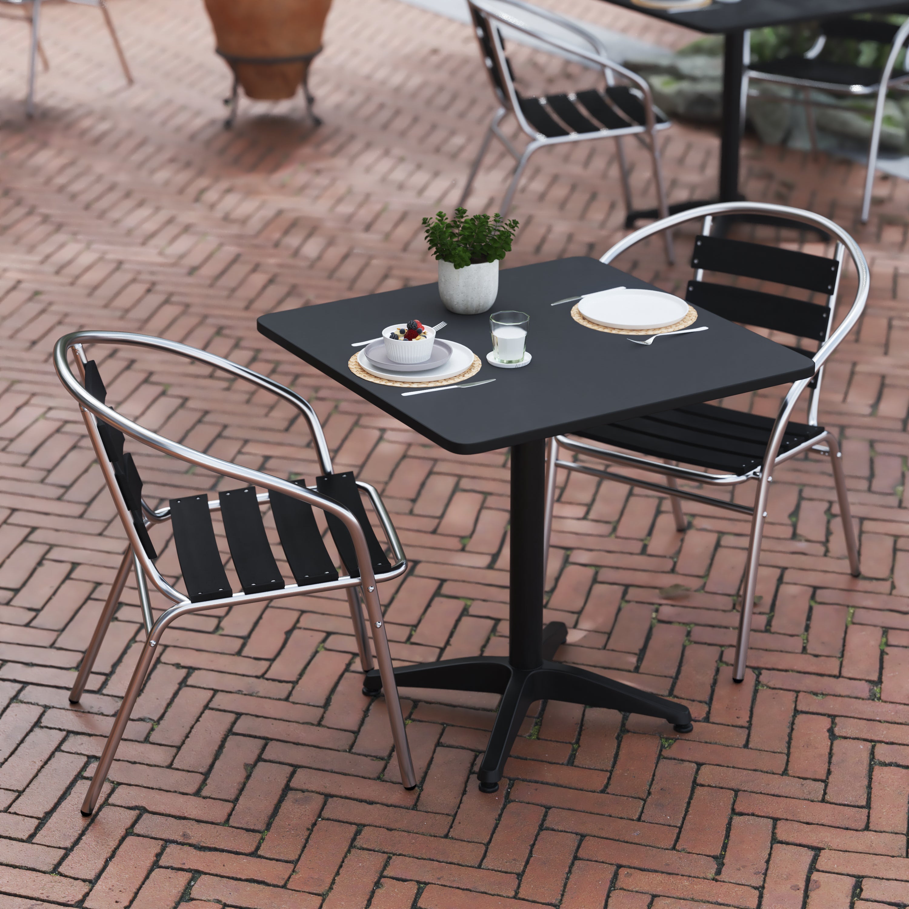 Lila 27.5'' Black Square Aluminum Indoor-Outdoor Table Set with 2 Black Slat Back Chairs