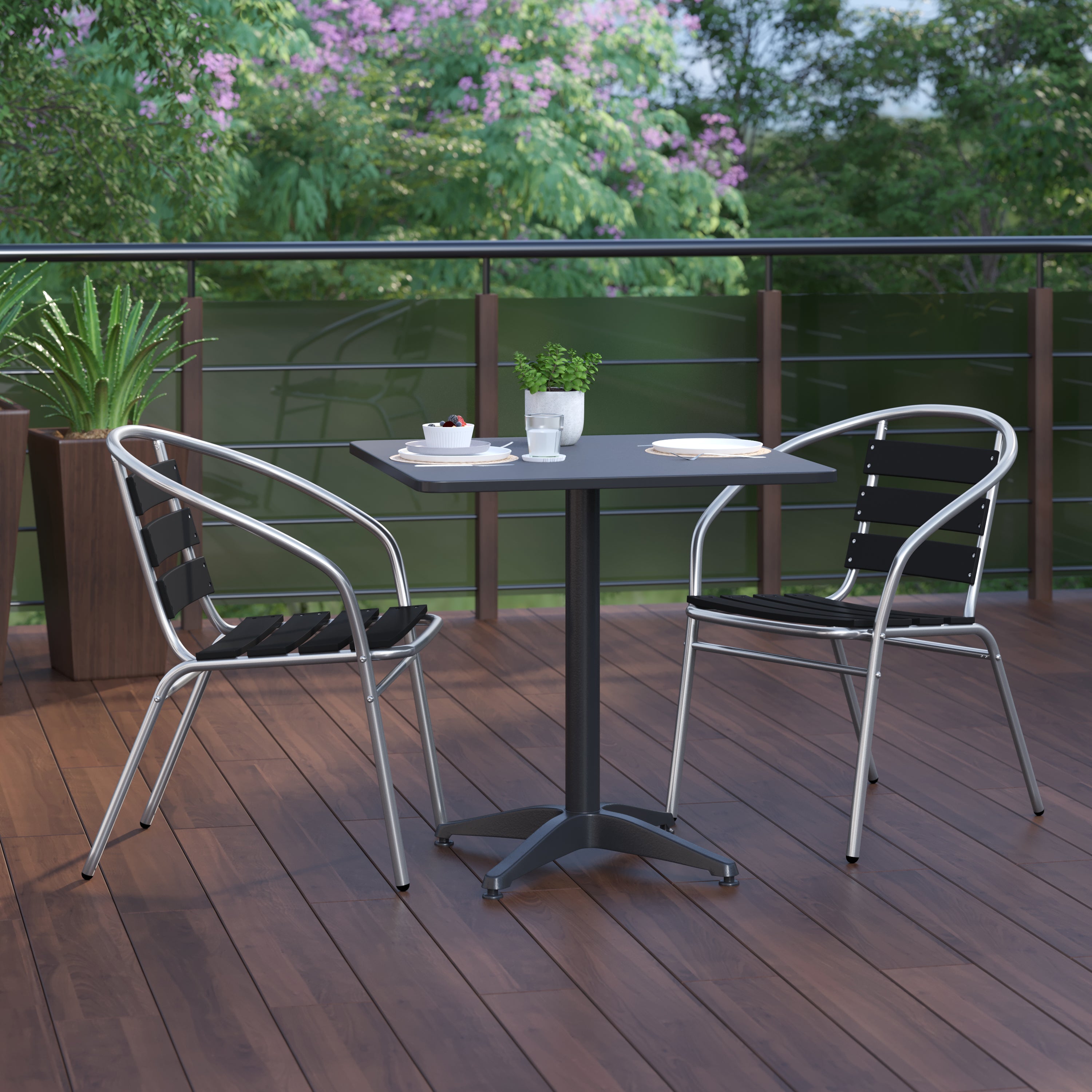 Lila 27.5'' Black Square Aluminum Indoor-Outdoor Table Set with 2 Black Slat Back Chairs