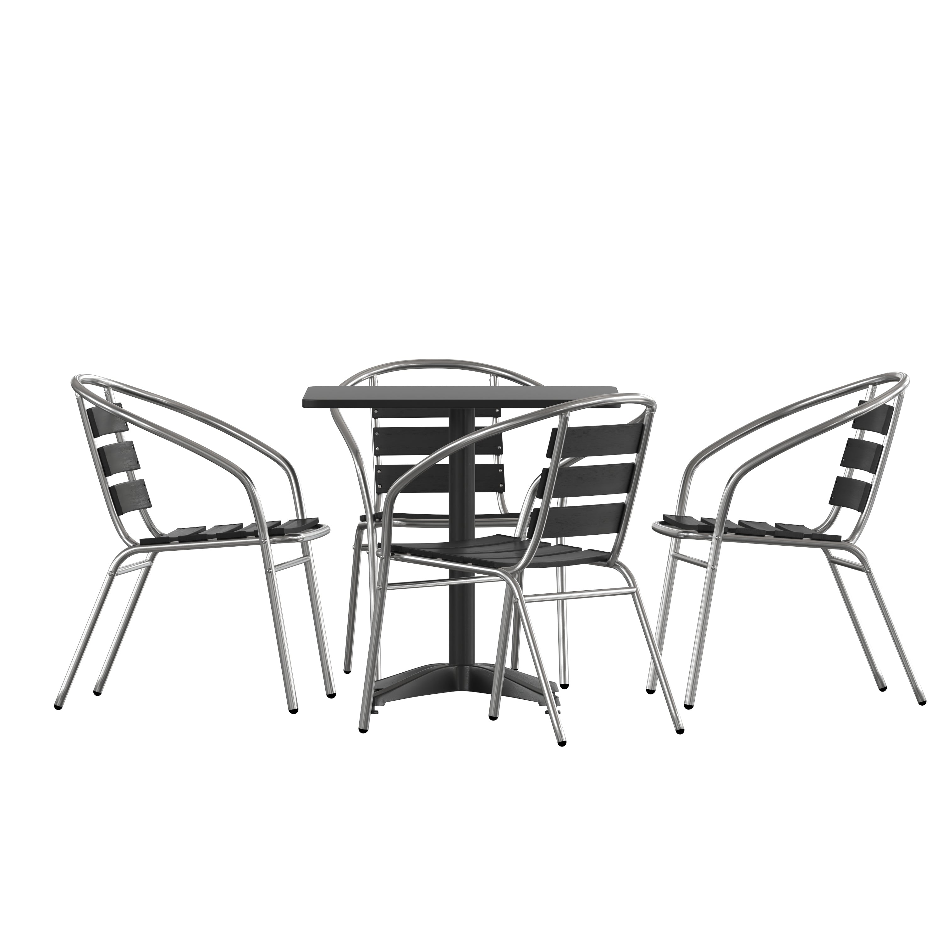 Lila 27.5'' Black Square Aluminum Indoor-Outdoor Table Set with 4 Black Slat Back Chairs