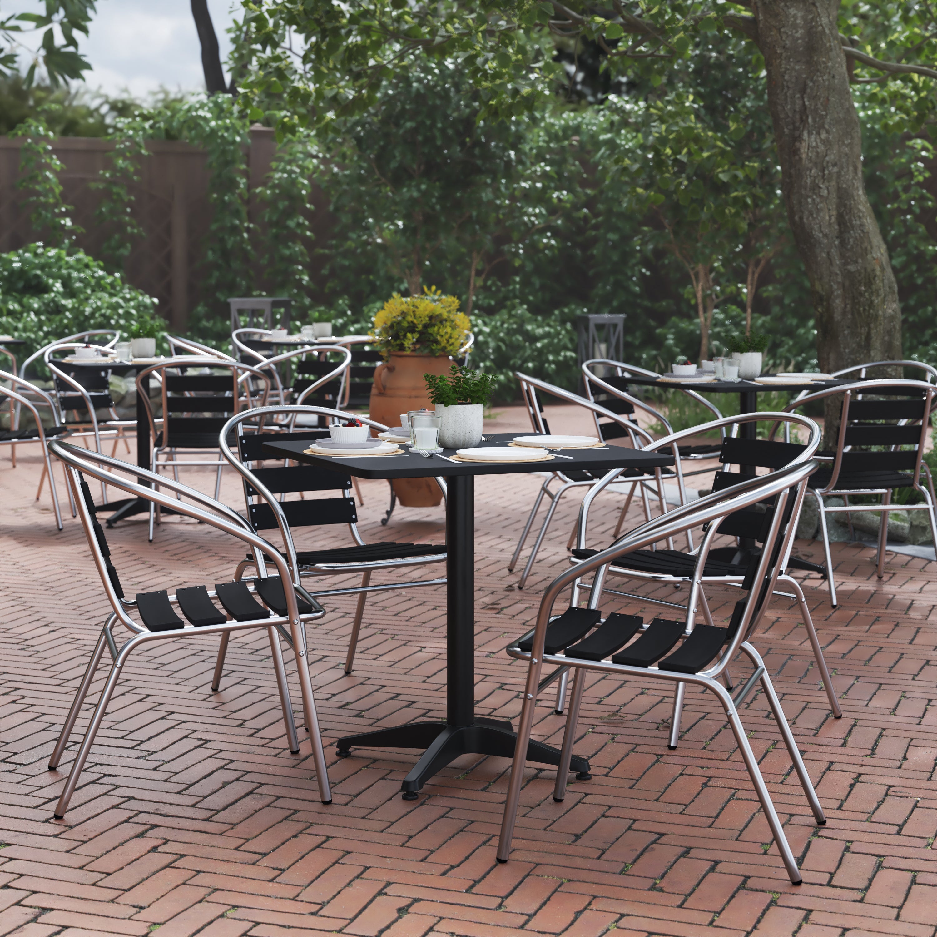 Lila 27.5'' Black Square Aluminum Indoor-Outdoor Table Set with 4 Black Slat Back Chairs