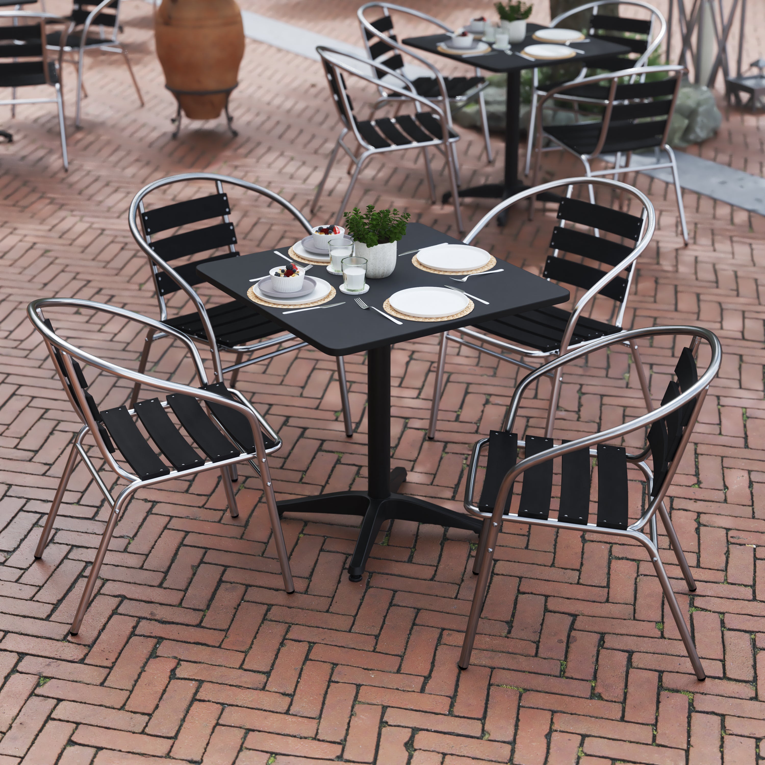 Lila 27.5'' Black Square Aluminum Indoor-Outdoor Table Set with 4 Black Slat Back Chairs