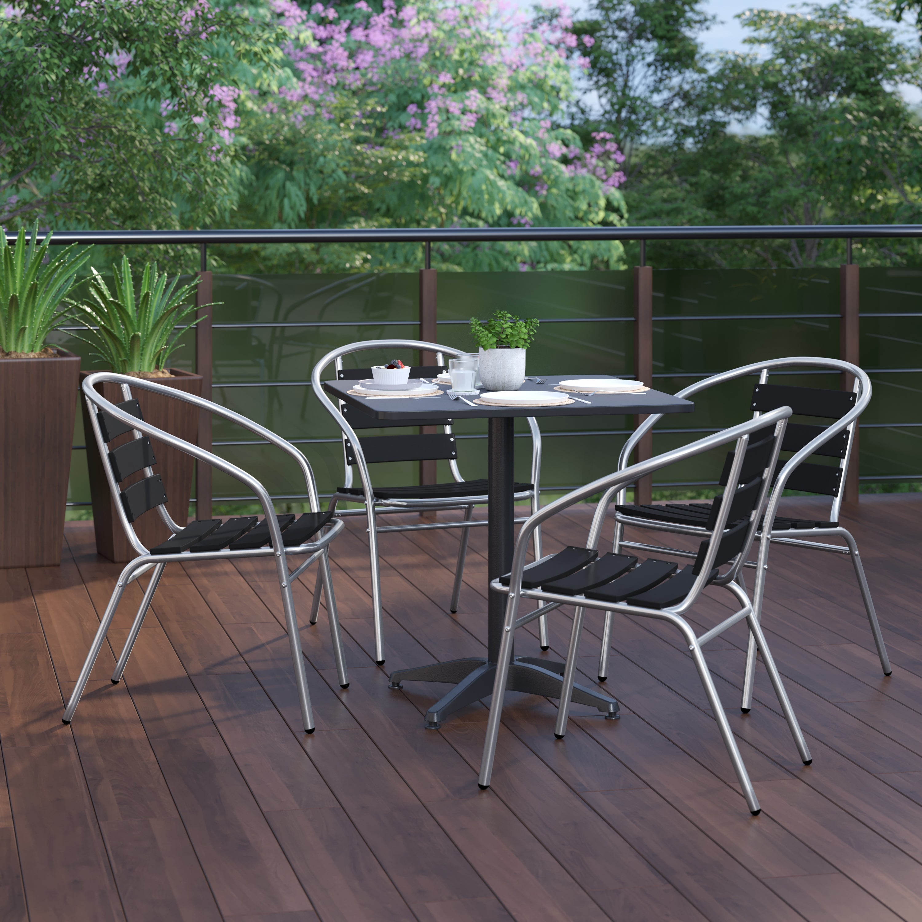 Lila 27.5'' Black Square Aluminum Indoor-Outdoor Table Set with 4 Black Slat Back Chairs