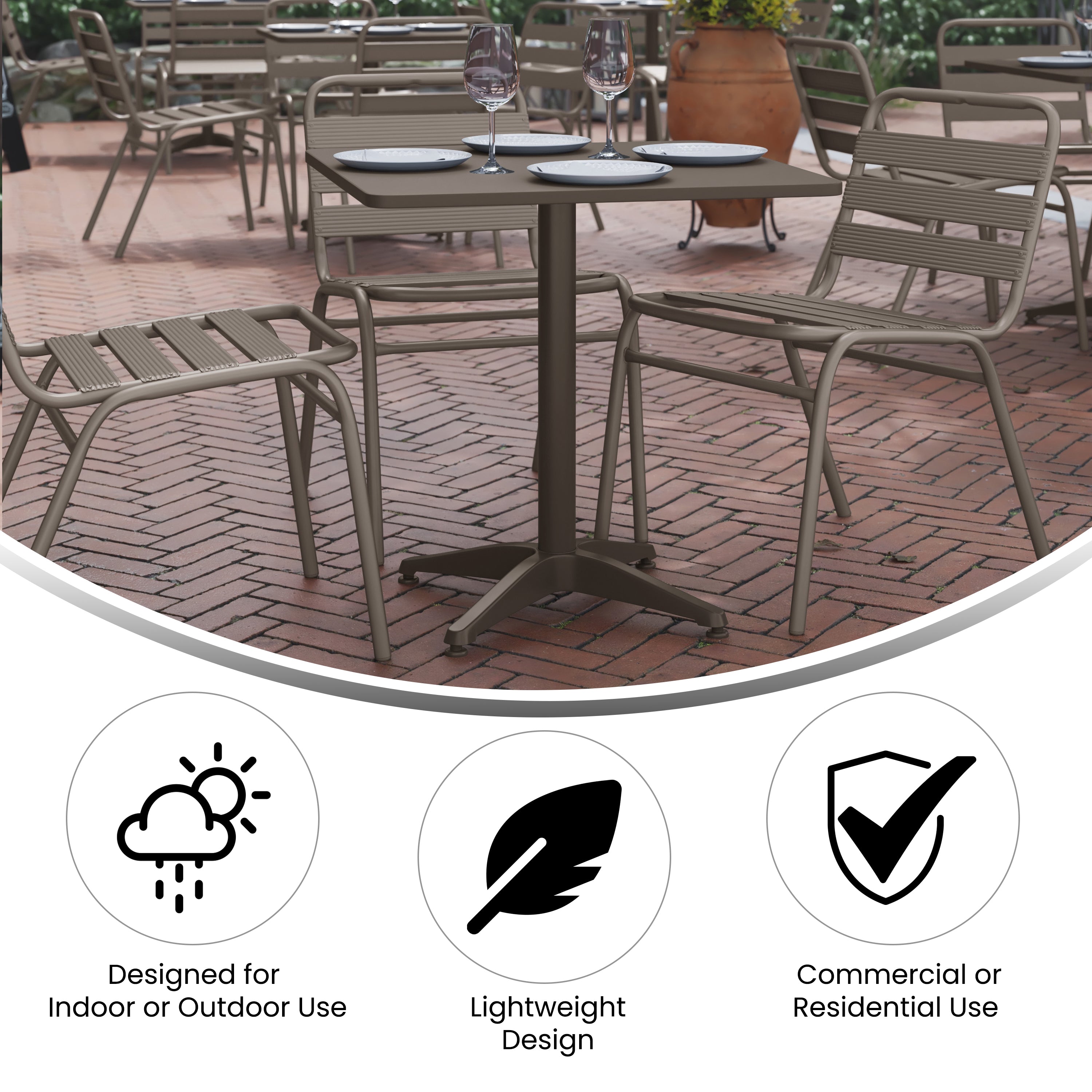 Lila 27.5'' Bronze Square Aluminum Indoor-Outdoor Table Set with 2 Bronze Slat Back Chairs