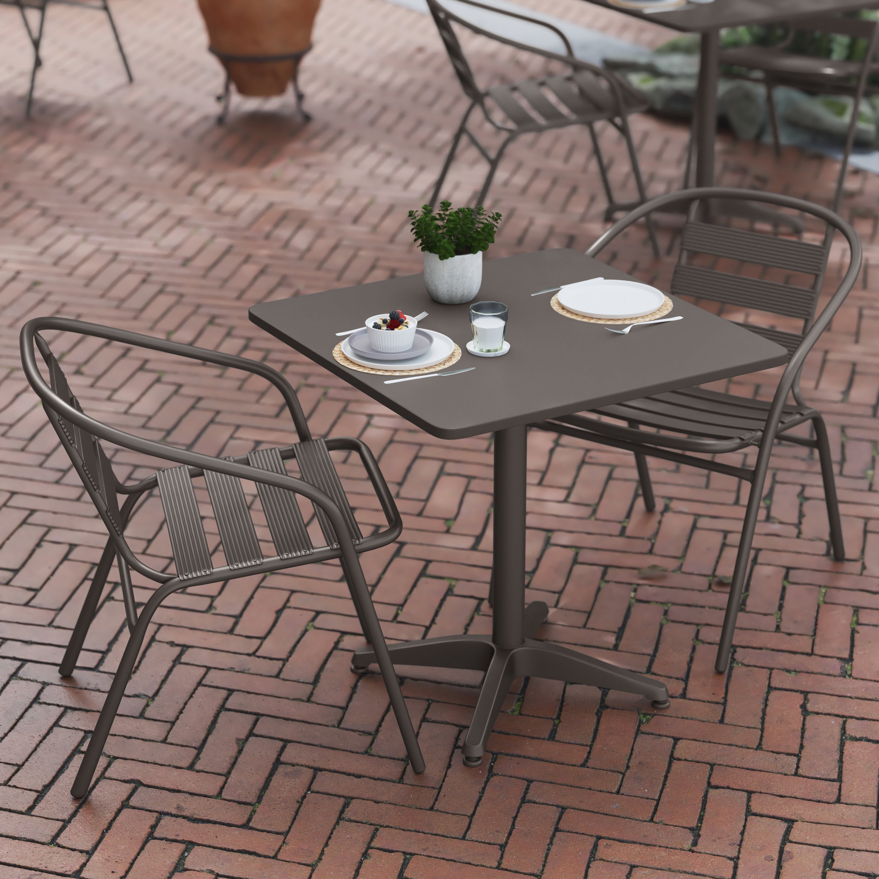 Lila 27.5'' Bronze Square Aluminum Indoor-Outdoor Table Set with 2 Bronze Slat Back Chairs