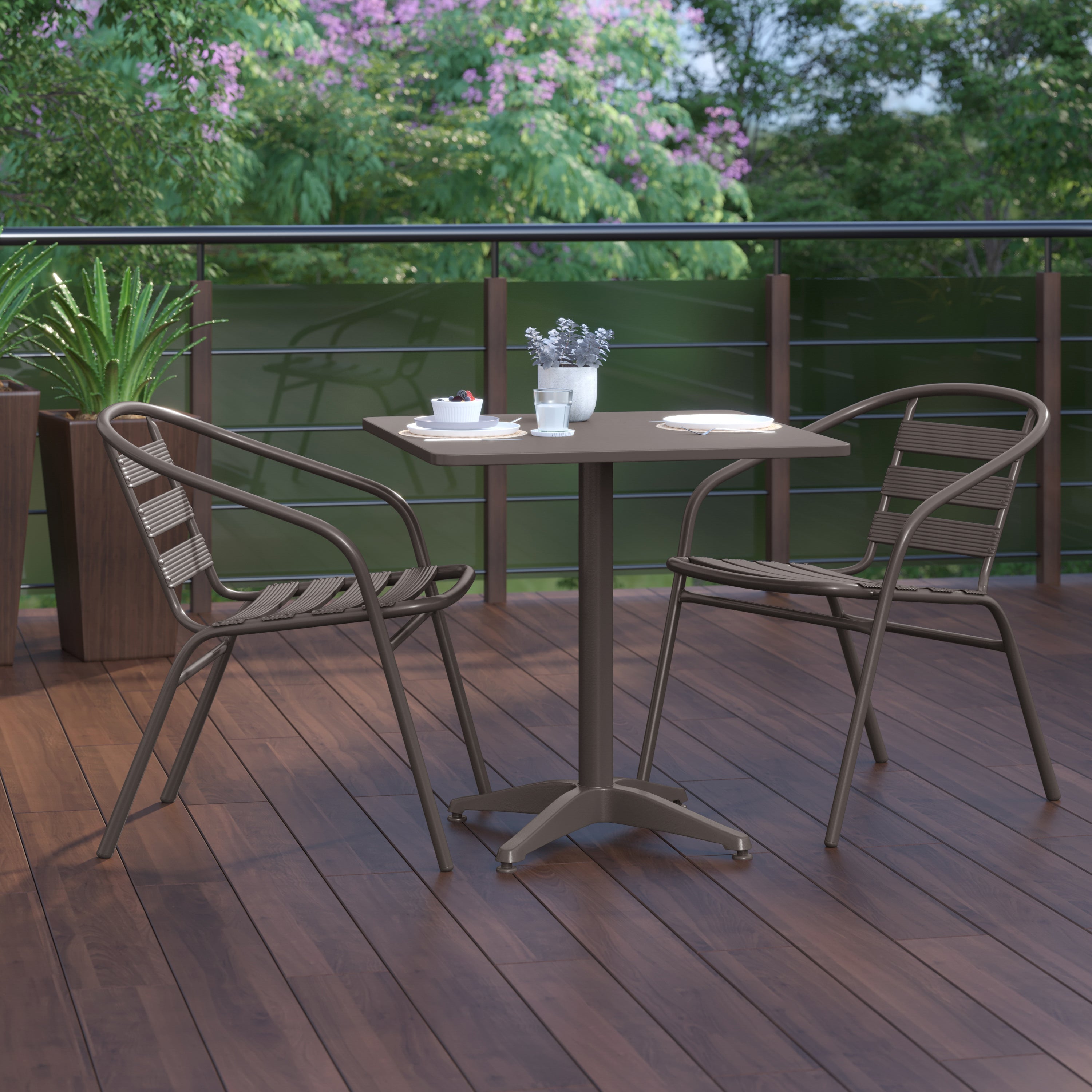 Lila 27.5'' Bronze Square Aluminum Indoor-Outdoor Table Set with 2 Bronze Slat Back Chairs