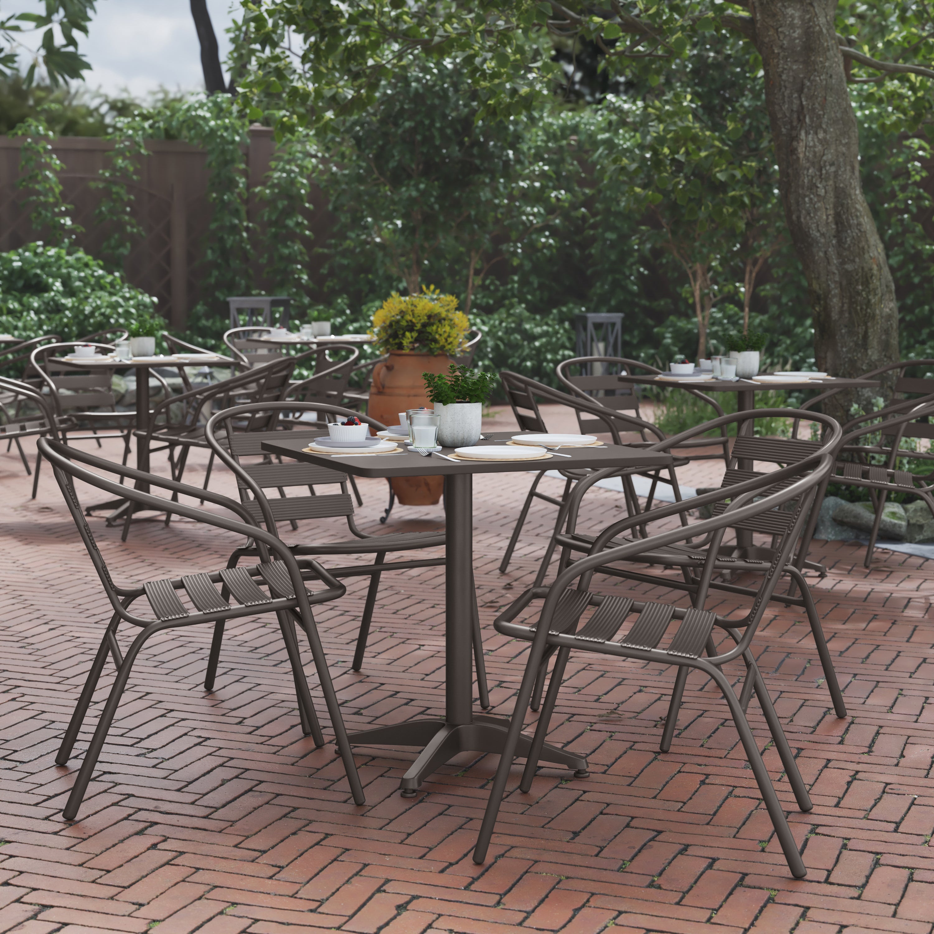 Lila 27.5'' Bronze Square Aluminum Indoor-Outdoor Table Set with 4 Bronze Slat Back Chairs