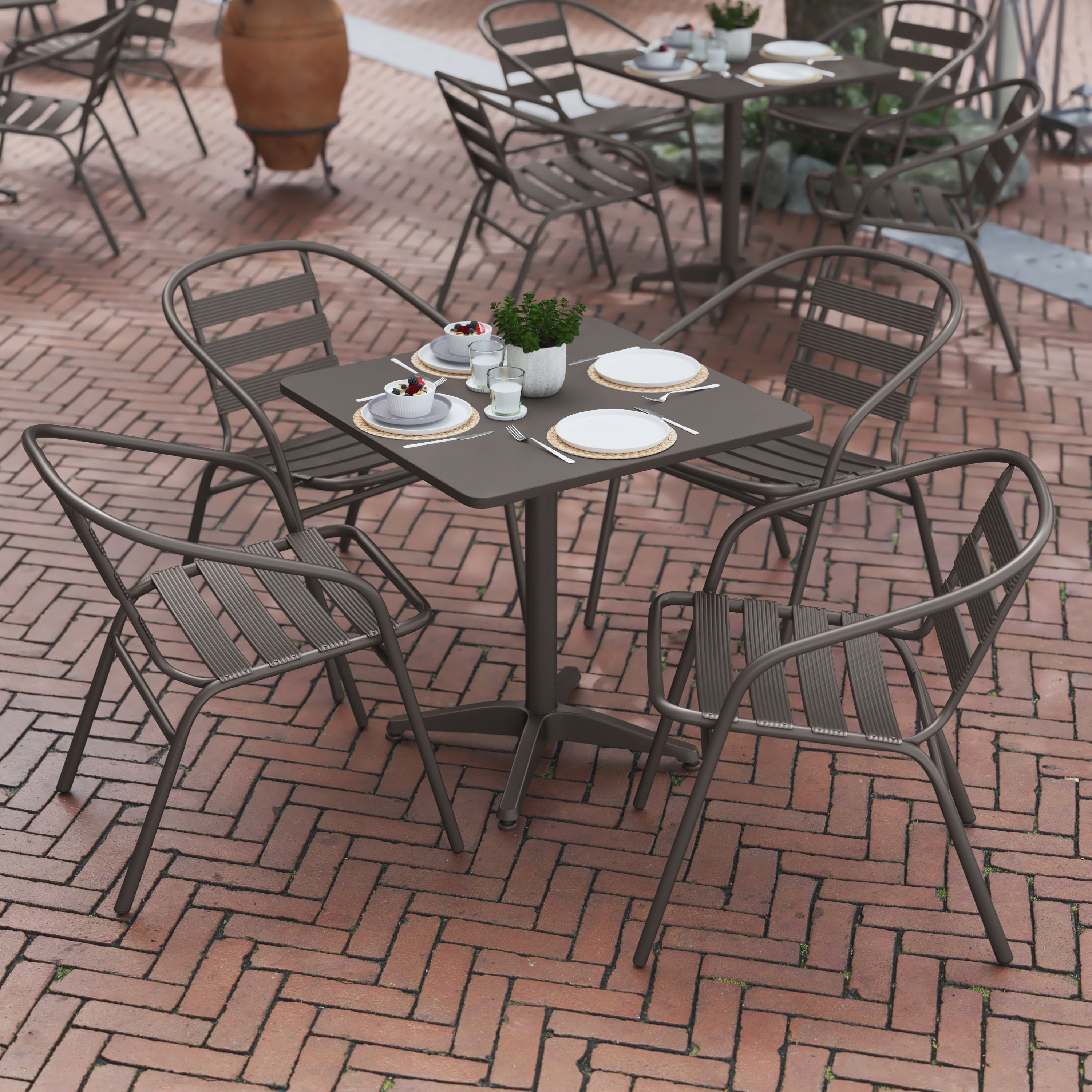 Lila 27.5'' Bronze Square Aluminum Indoor-Outdoor Table Set with 4 Bronze Slat Back Chairs