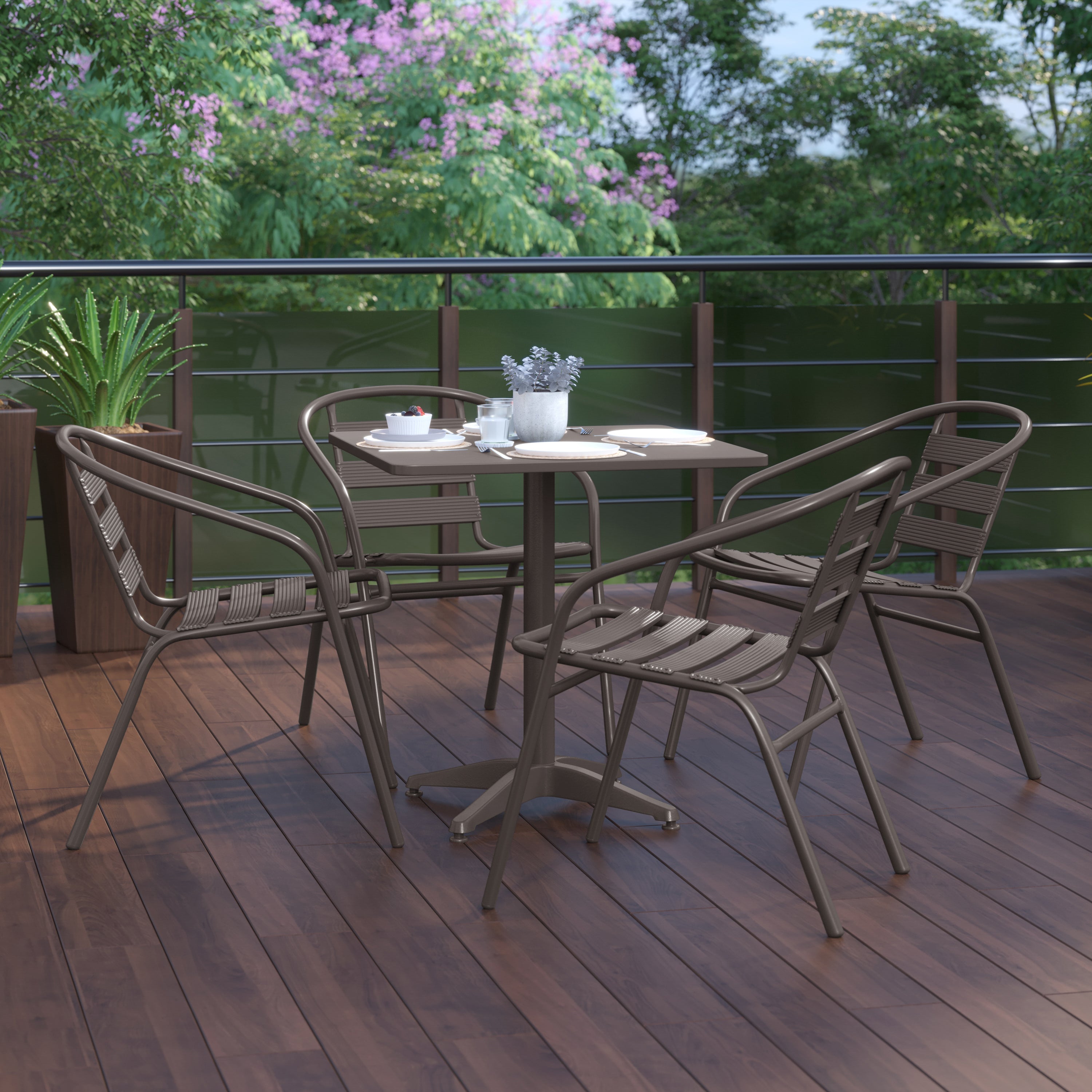 Lila 27.5'' Bronze Square Aluminum Indoor-Outdoor Table Set with 4 Bronze Slat Back Chairs