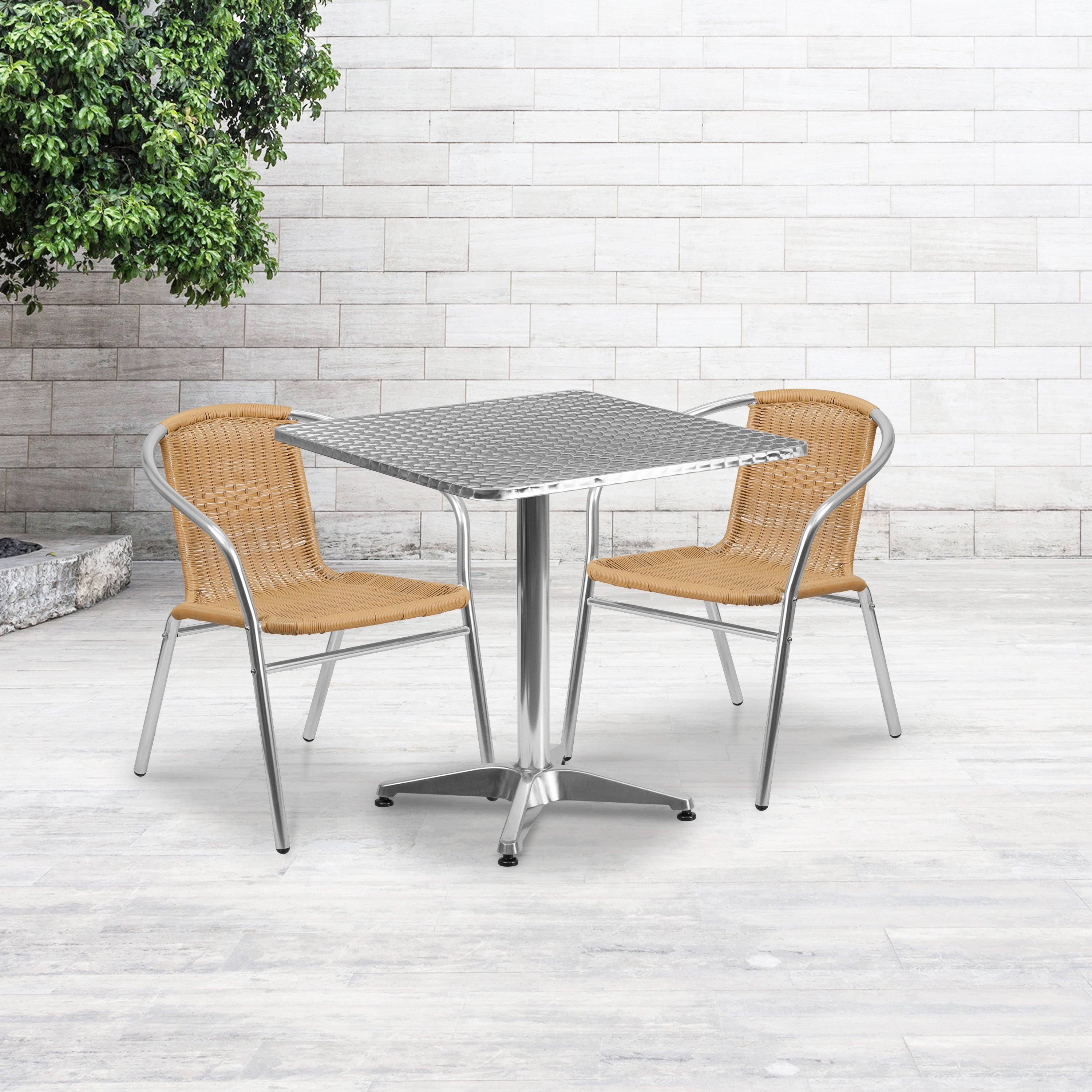 Lila 27.5'' Square Aluminum Indoor-Outdoor Table Set with 2 Beige Rattan Chairs