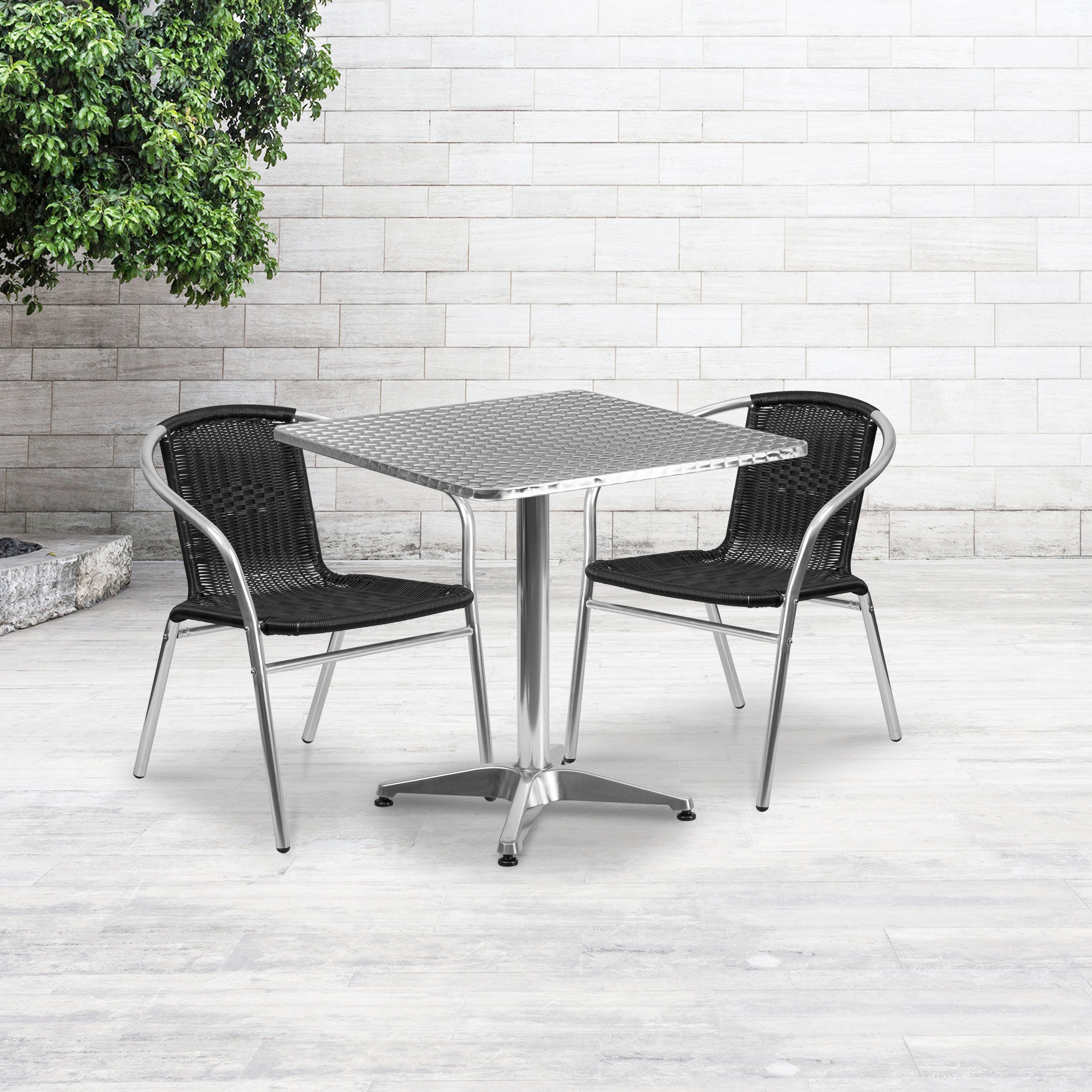 Lila 27.5'' Square Aluminum Indoor-Outdoor Table Set with 2 Black Rattan Chairs