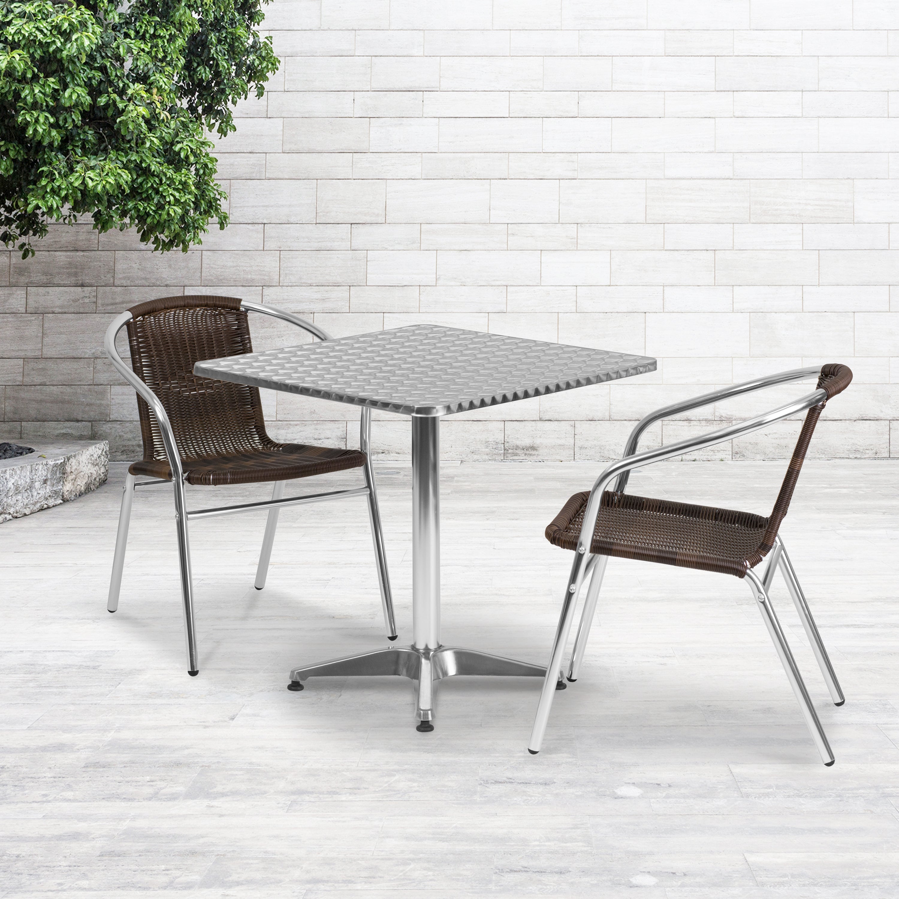 Lila 27.5'' Square Aluminum Indoor-Outdoor Table Set with 2 Dark Brown Rattan Chairs
