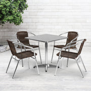 Lila 27.5'' Square Aluminum Indoor-Outdoor Table Set with 4 Dark Brown Rattan Chairs