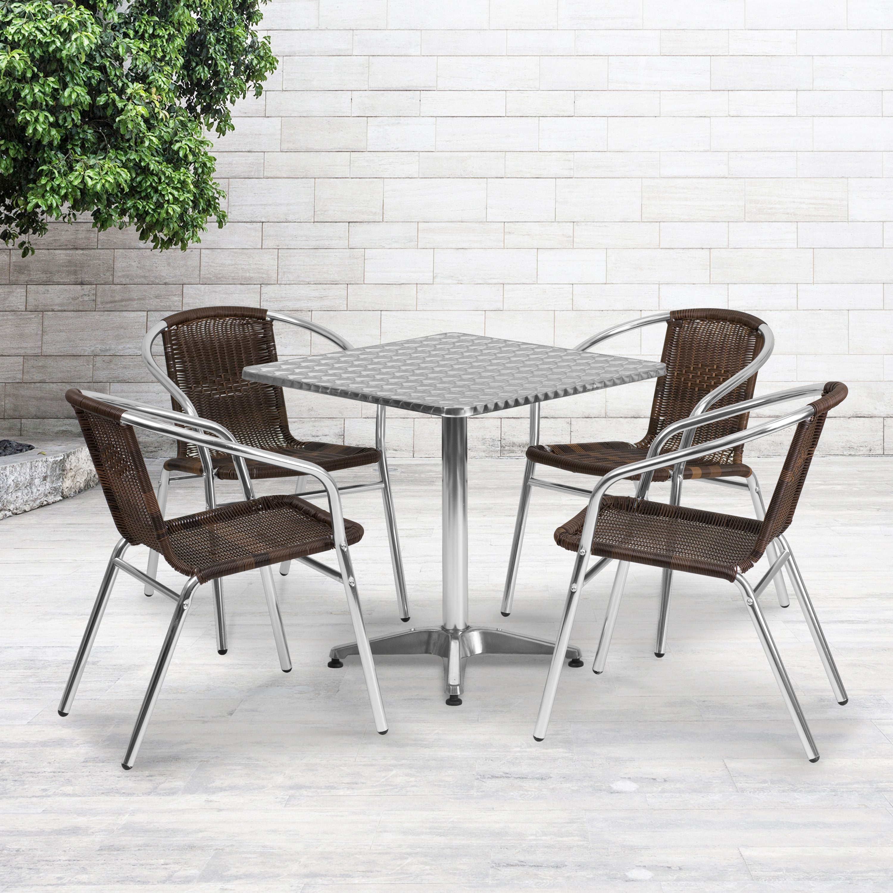 Lila 27.5'' Square Aluminum Indoor-Outdoor Table Set with 4 Dark Brown Rattan Chairs