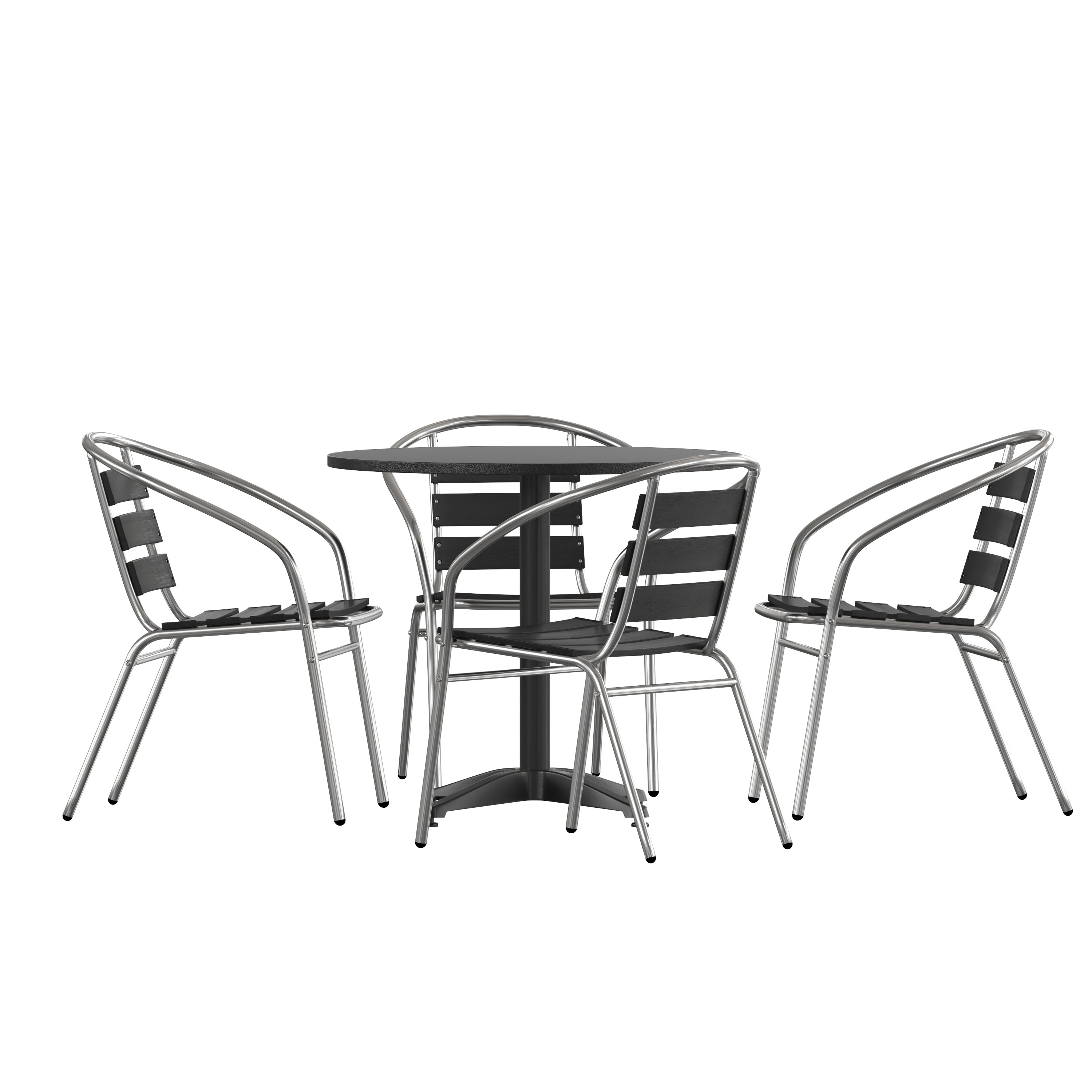 Lila 31.5'' Black Round Aluminum Indoor-Outdoor Table Set with 4 Black Slat Back Chairs