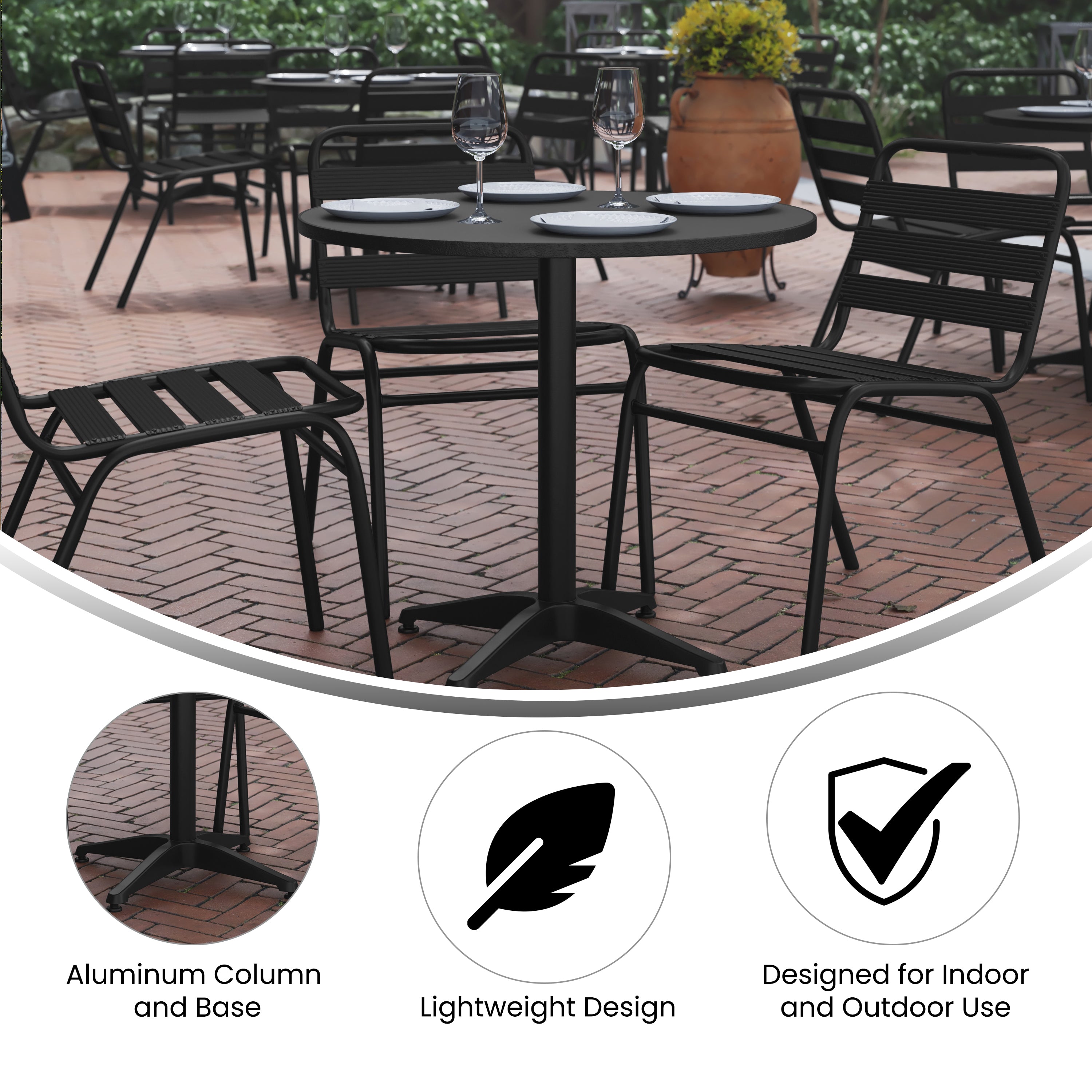 Lila 31.5'' Black Round Aluminum Indoor-Outdoor Table Set with 4 Black Slat Back Chairs