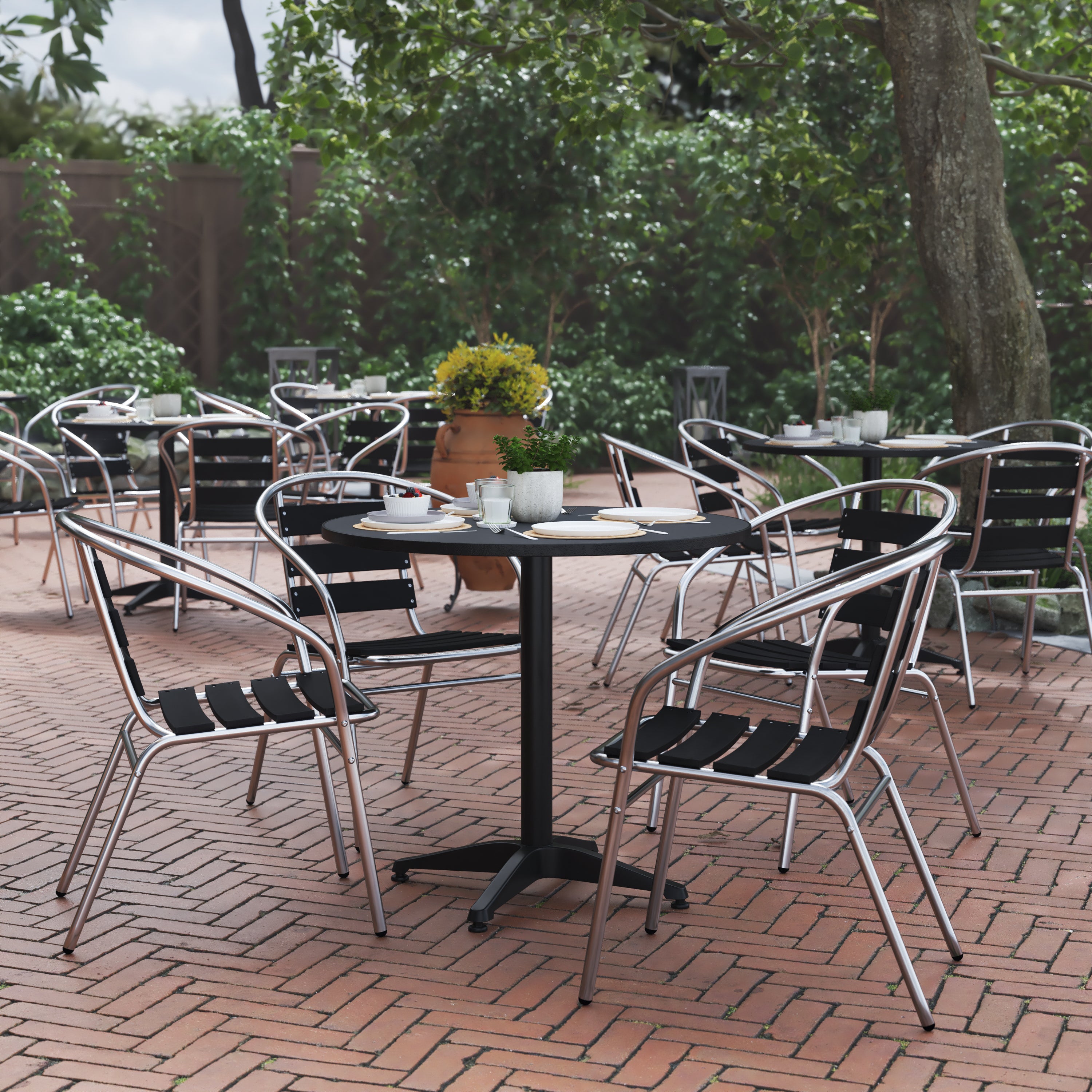 Lila 31.5'' Black Round Aluminum Indoor-Outdoor Table Set with 4 Black Slat Back Chairs